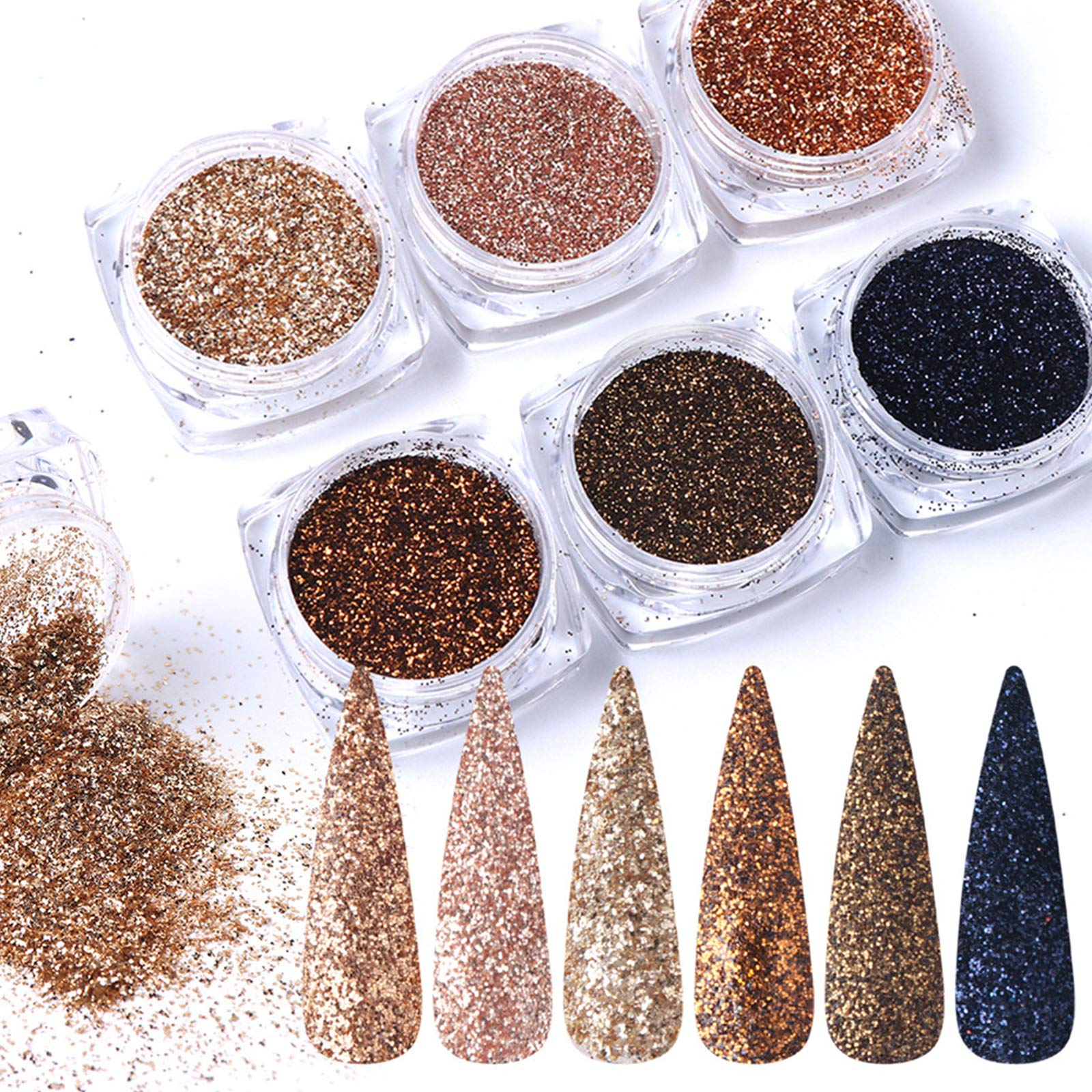 Eseres 6 Pack Holographic Nail Glitter Powder - Metallic Shining Flakes for Nail Art Decoration (Gold) | DIY Manicure, Salon Nail Design, Party & Special Occasion Nails