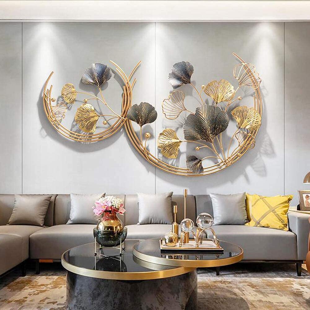 BNHXT Golden Ginkgo Leaf Metal Wall Art - Modern Luxury Framed Wall Hanging Decor for Home, Office, Living Room, Bathroom, Garden & Yard (43.3x26.4 inches) - Perfect for Nature-Inspired Home Decor & Wall Accents
