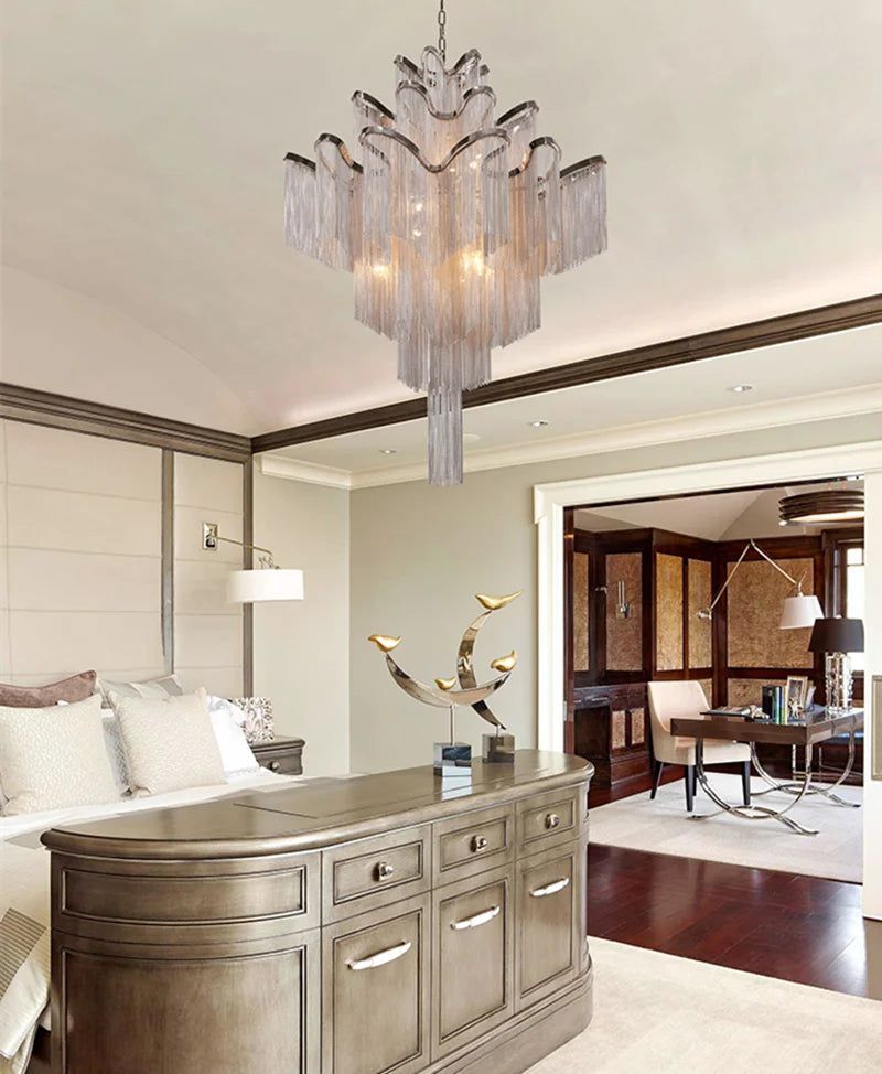 Elegant Aluminum Fringed Chandelier - Timeless Modern Lighting Fixture for Dining Room, Bedroom & Living Room Decor