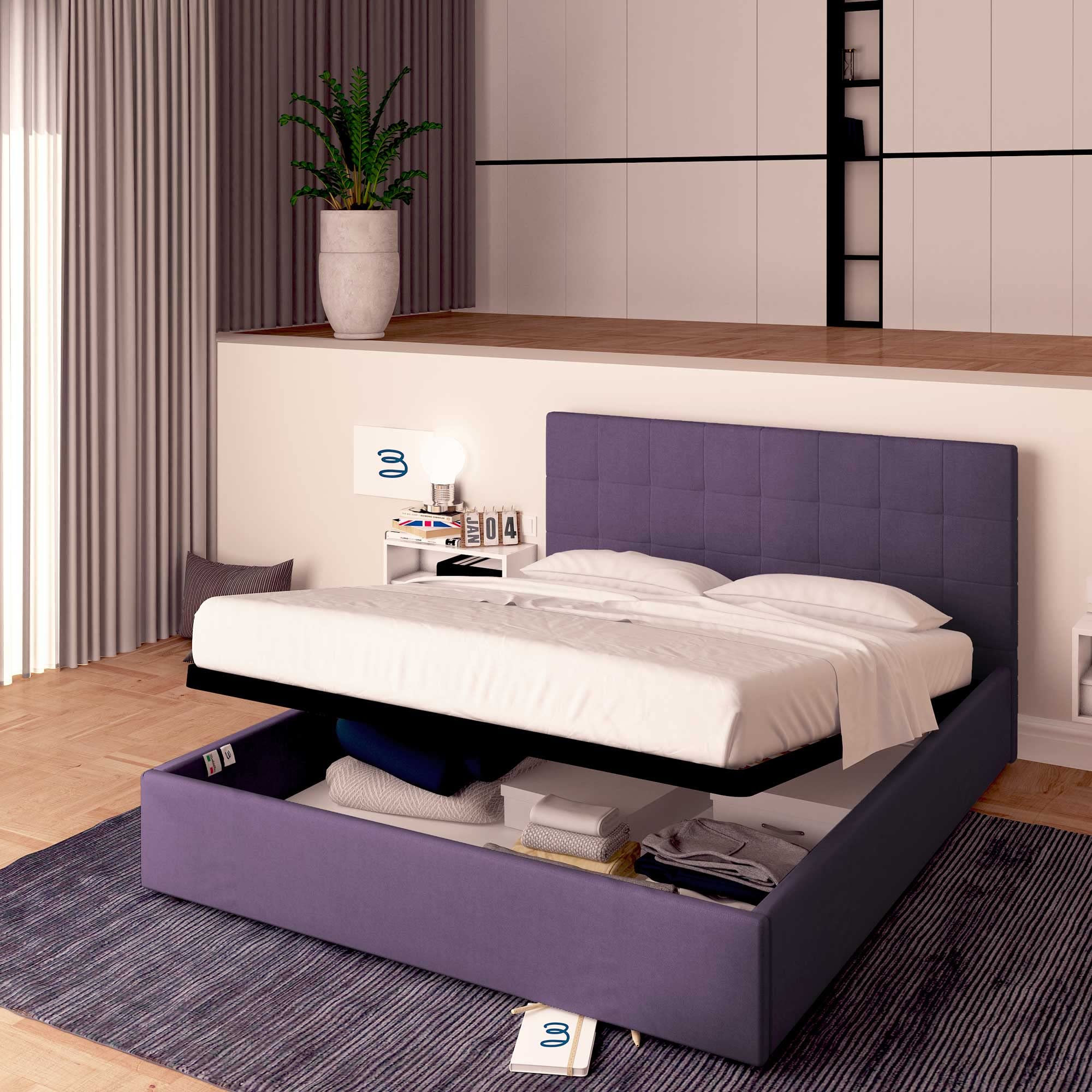 Baldiflex Single Bed Frame with Storage, Dublin Fabric Model, Slatted Base for Single Mattress, 90 x 190 cm, Elegant Purple Headboard - Perfect for Small Bedrooms, Guest Rooms & Studio Apartments