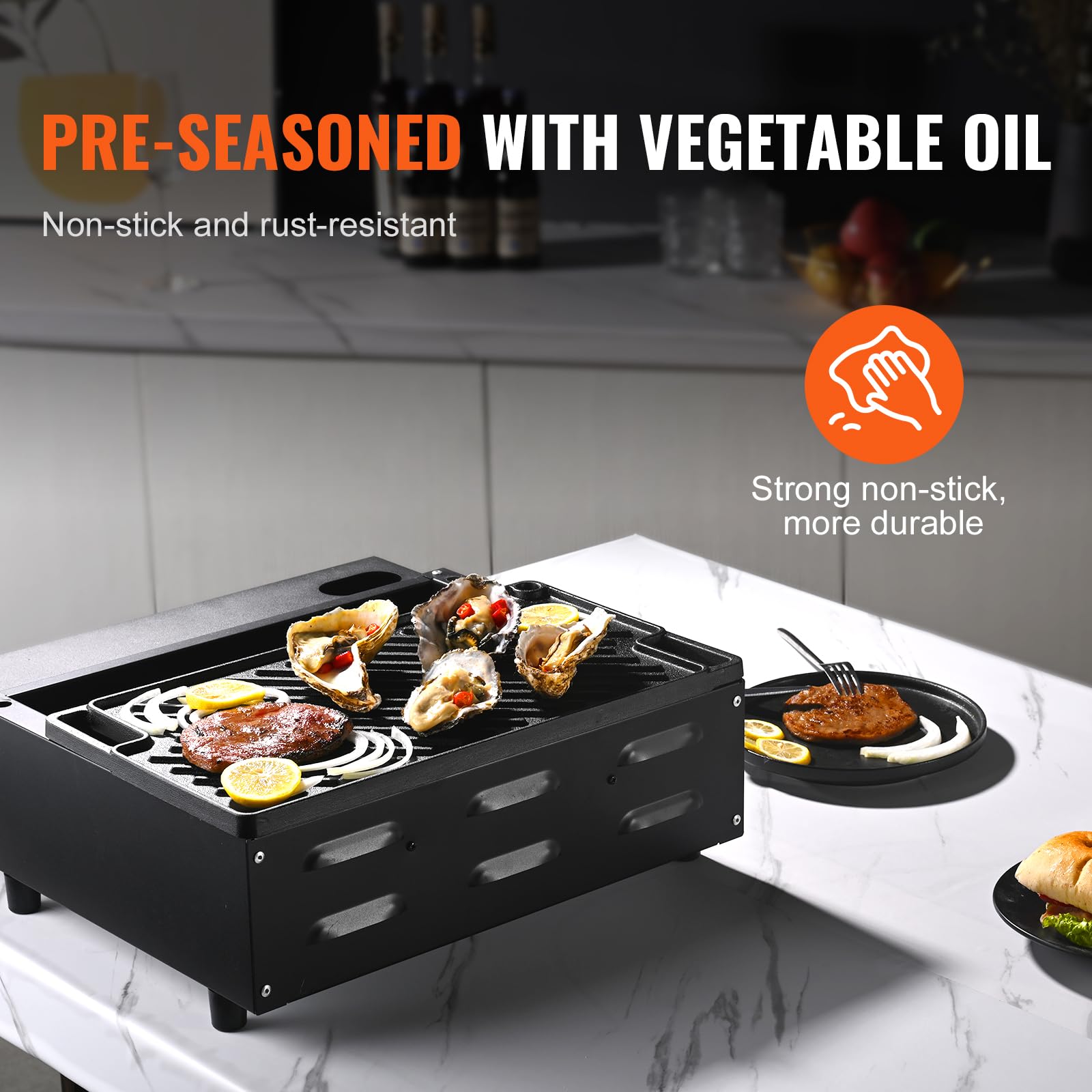 VEVOR 17x10 Inch Reversible Cast Iron Grill Griddle - Pre-Seasoned Double Burner Griddle Pan with Handles, Non-Stick Flat Top Cookware for BBQ, Gas Grill, Camping & Outdoor Cooking - Black