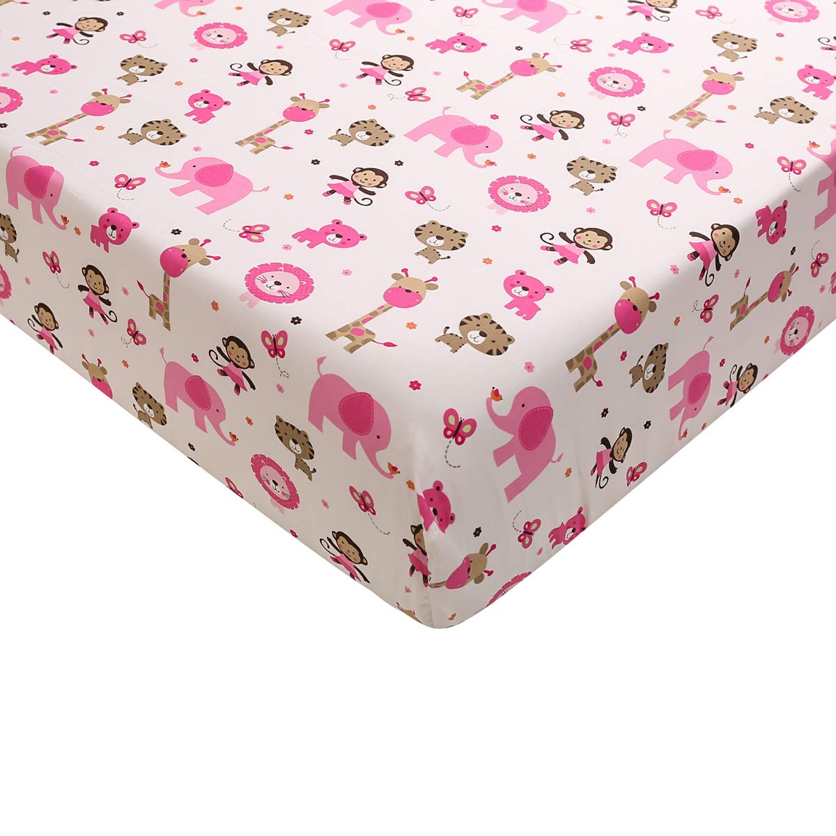 Brandream 3-Piece Baby Girl Crib Bedding Set | Pink Jungle Nursery Collection with 3D Elephant, Lion & Zoo Animals - Soft Cotton Crib Sheets for Nursery Decor & Baby Shower Gifts