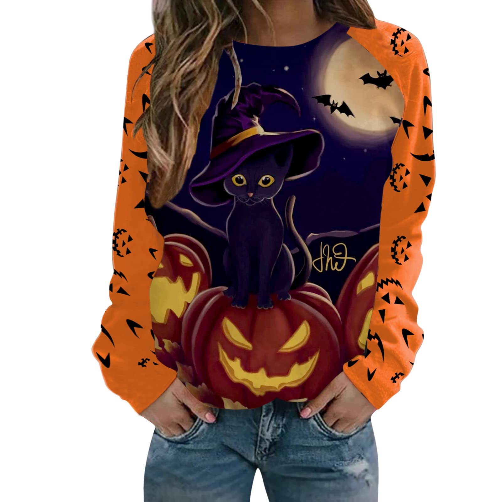 WYTong Women's Halloween Sweatshirt - Casual Loose Fit Cold Shoulder Top with Halter Neck & Hollow Out Long Sleeve Design | Perfect for Halloween Parties, Costume Events & Fall Fashion