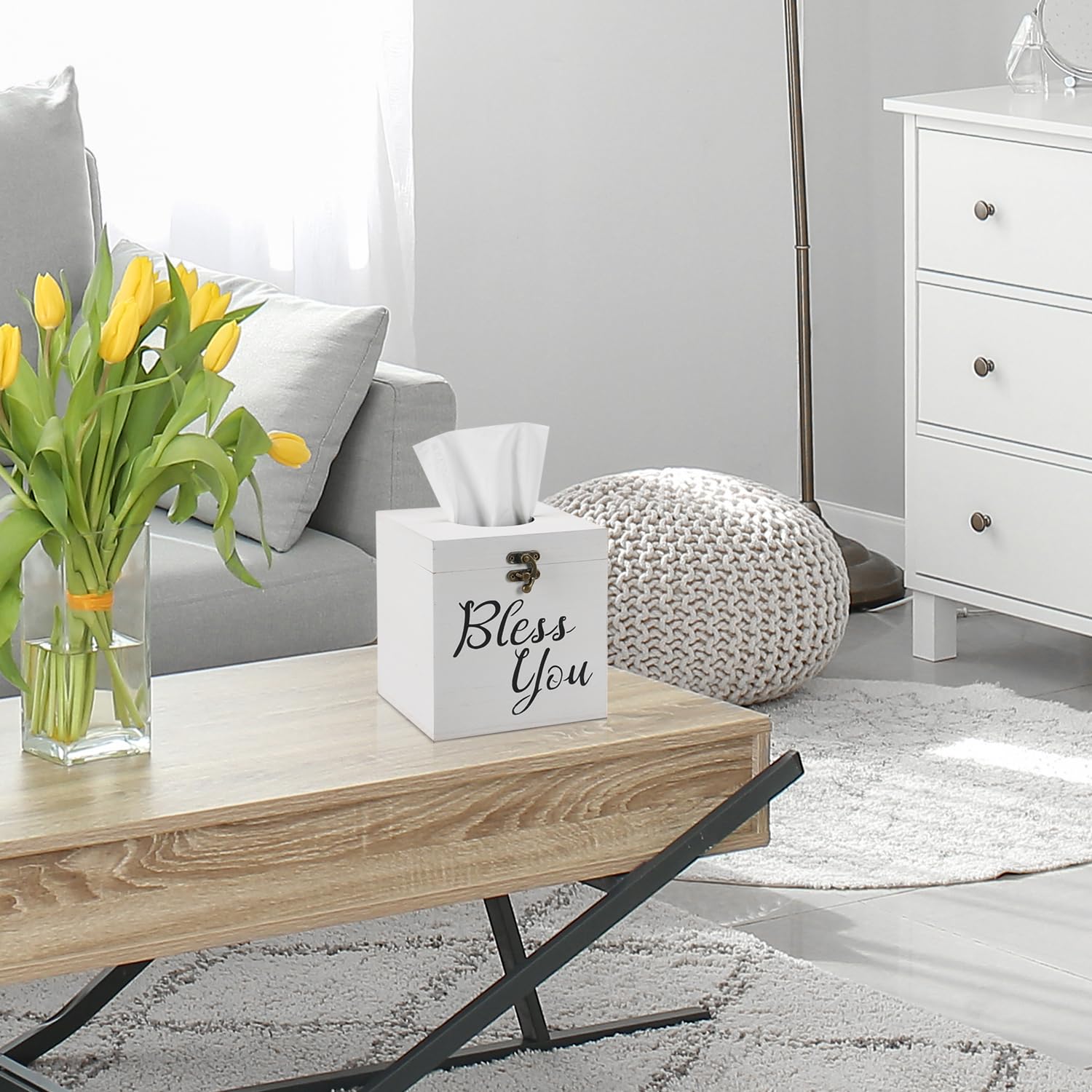 Bless You Tissue Box Cover - Wooden Square Farmhouse Style Toilet Paper Holder (Classic White) | Decorative Bathroom & Living Room Tissue Box Organizer