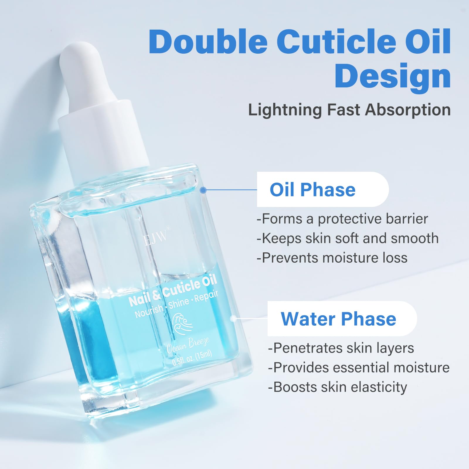 EJW Dual Layer Cuticle Oil for Nails - Nourishing & Repairing Treatment for Dry, Damaged Cuticles | Strengthens Nails & Reduces Hangnails | Fast-Absorbing Natural Formula with Ocean Breeze Scent | 0.5 fl oz | Perfect for Manicures, At-Home Nail Care & Hand Spa Treatments