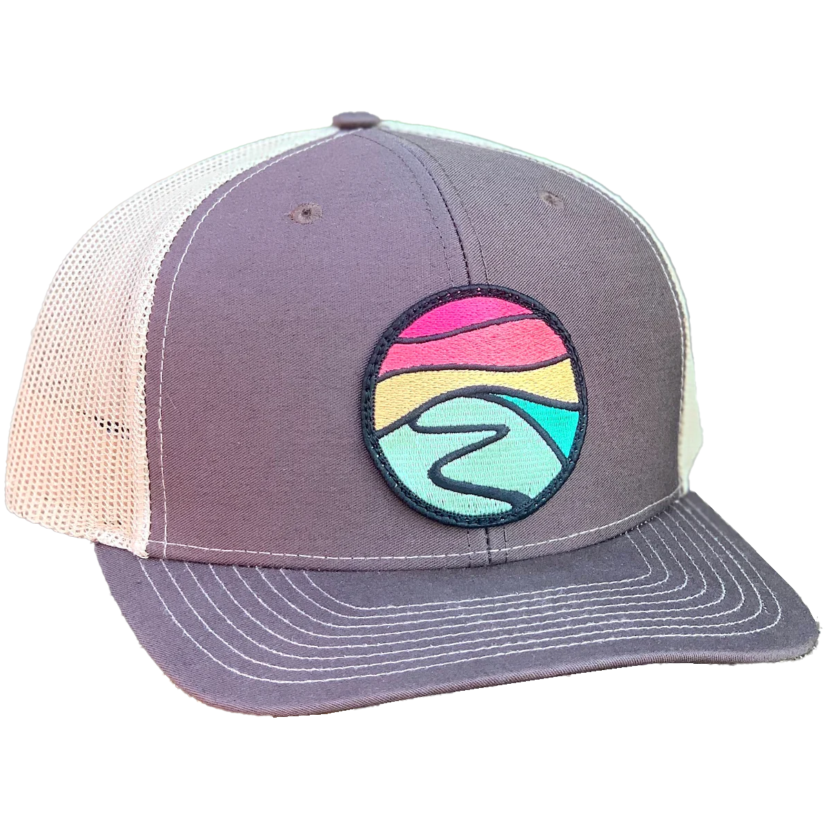 Hilltop Patch Curved Brim Trucker Hat - Vintage Style Adjustable Baseball Cap for Outdoor Activities, Hiking & Casual Wear