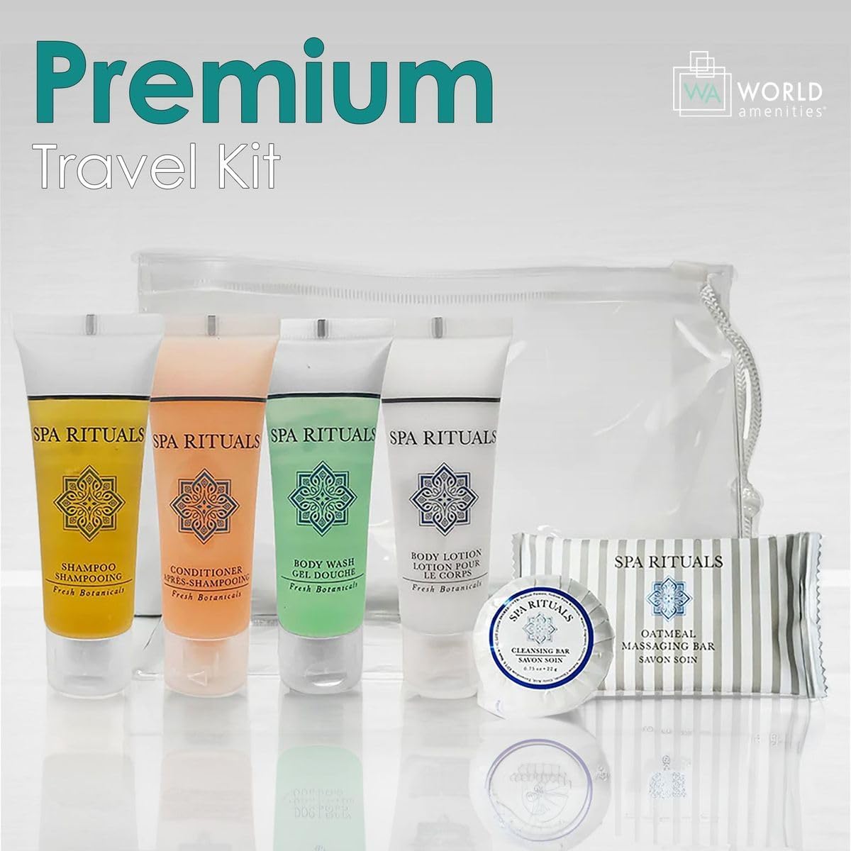 Mini Travel Size Spa Rituals Toiletries Kit - Shampoo, Conditioner, Body Wash, Lotion, Cleansing Bar & Massage Bar | Fresh Botanicals Collection | Perfect for Vacation, Gym & Hotel Stays