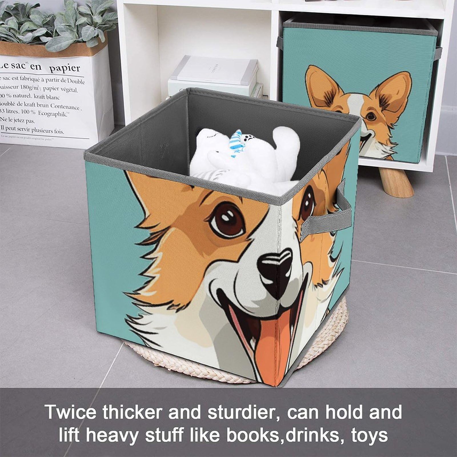 Corgi-Themed Collapsible Storage Cubes with Handles - 10.6