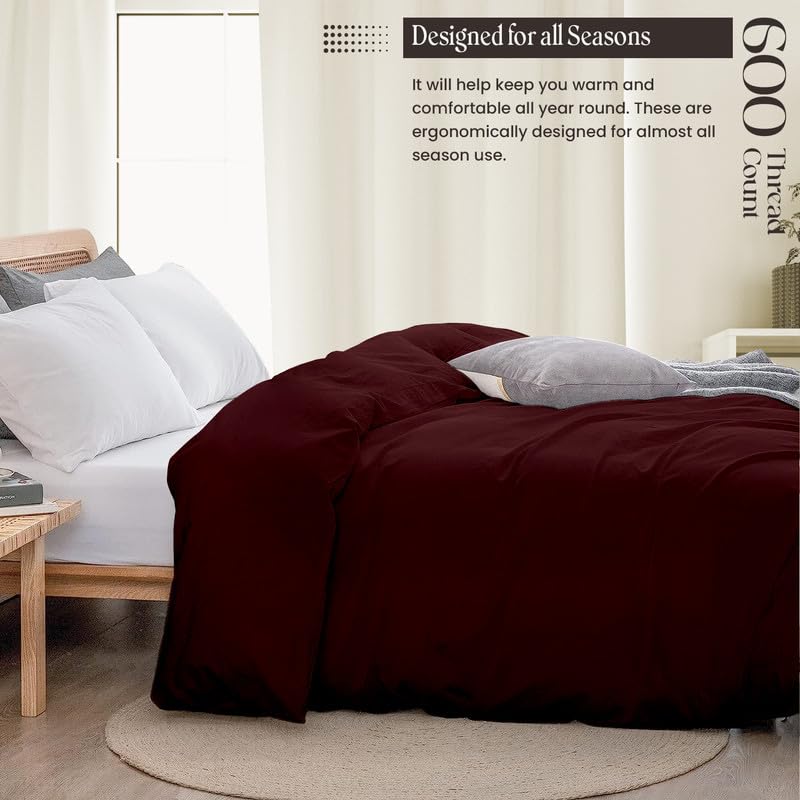 Luxury 3-Piece Queen Size Duvet Cover Set - 600 Thread Count Egyptian Cotton Bedding with Zipper Closure & Corner Ties | Ultra Soft, Cooling & Breathable Comforter Cover + 2 Pillow Shams | Burgundy Red | Perfect for Master Bedroom, Guest Room & Hotel Use