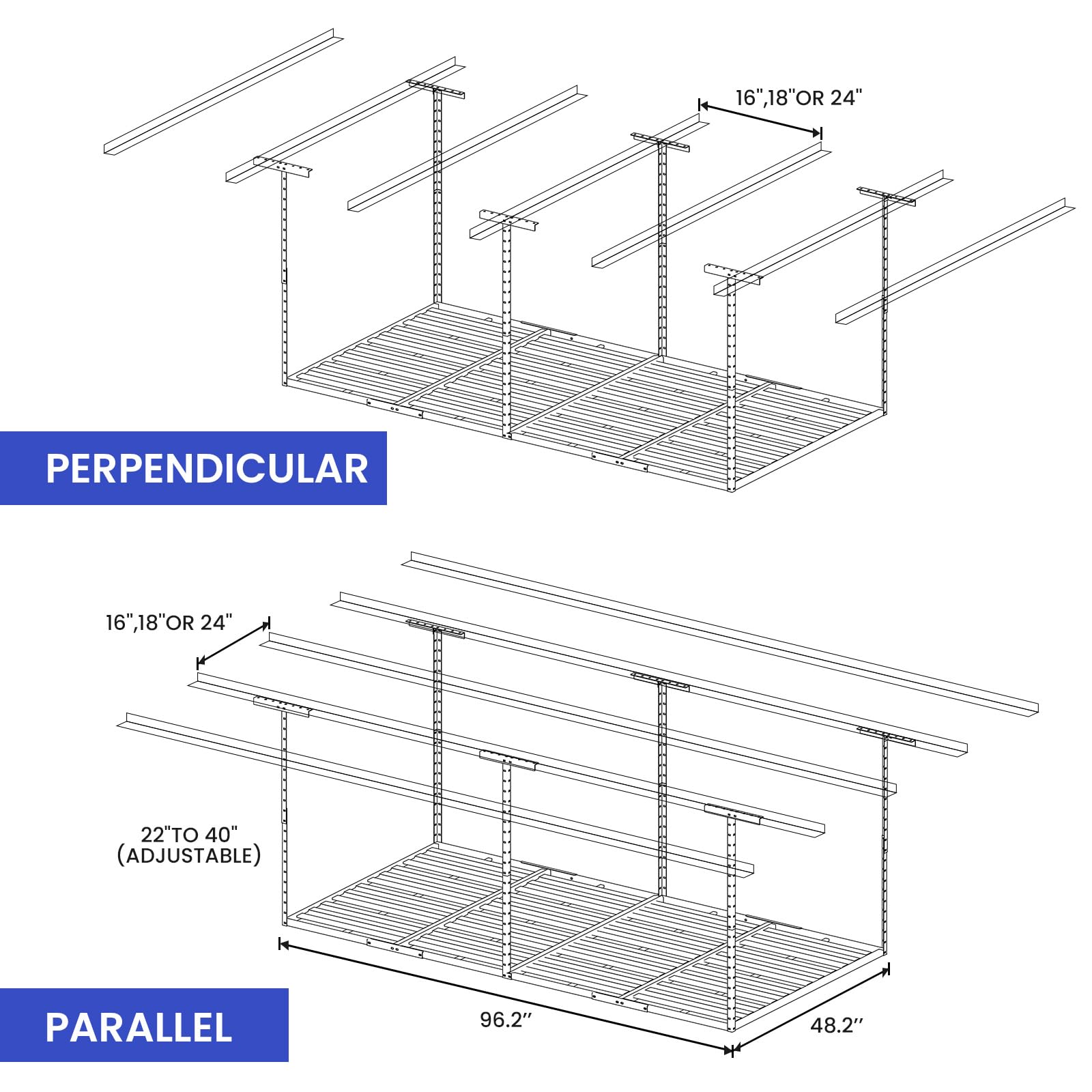 Heavy-Duty 4x8 Overhead Garage Storage Rack - 800lbs Capacity, Adjustable Height with 4 Hooks - Perfect for Organizing Tools, Sports Equipment & Seasonal Items in Your Garage