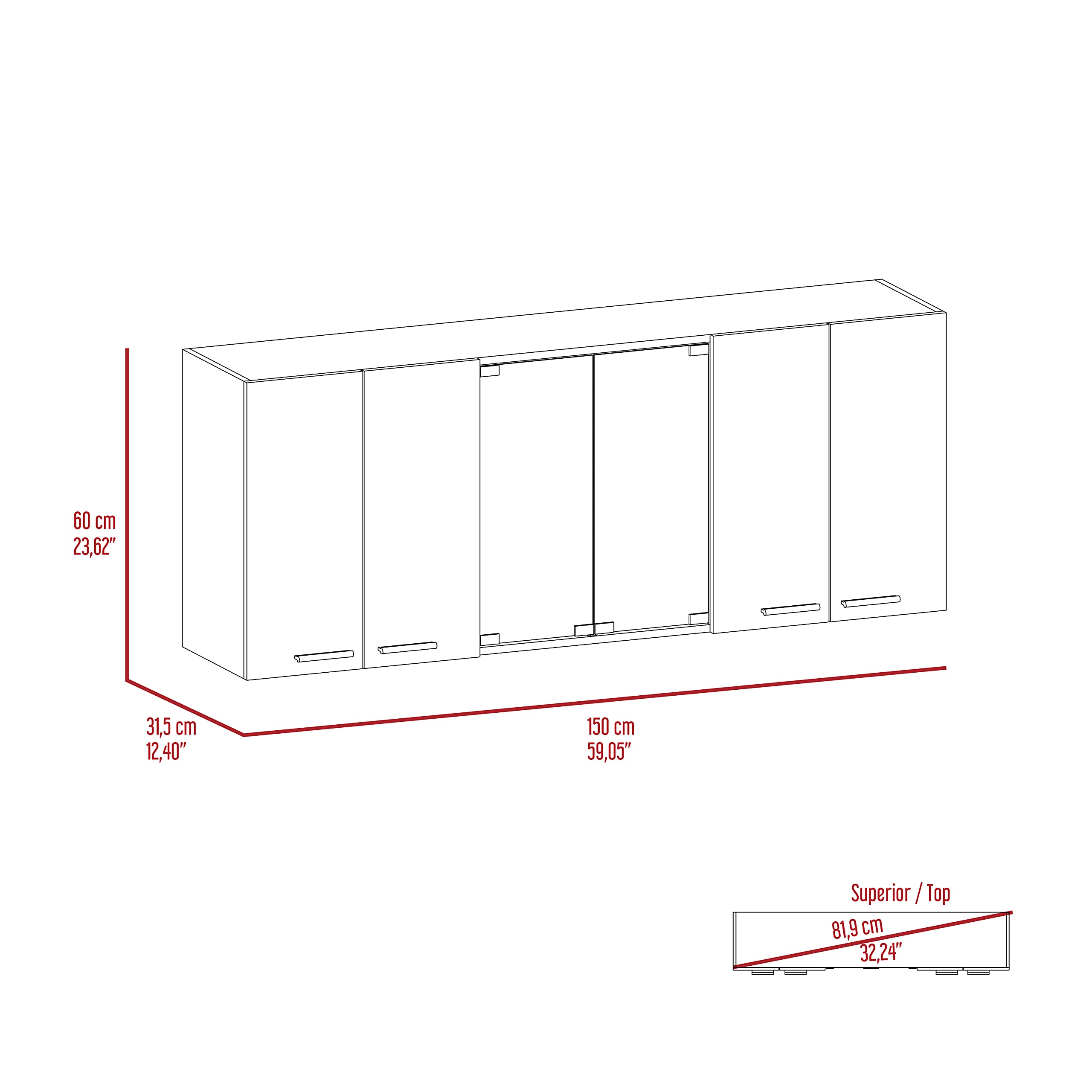 Oceana 150 Wall Cabinet with 4 Doors, 2 Internal Shelves, Plate & Glass Organizer - 24