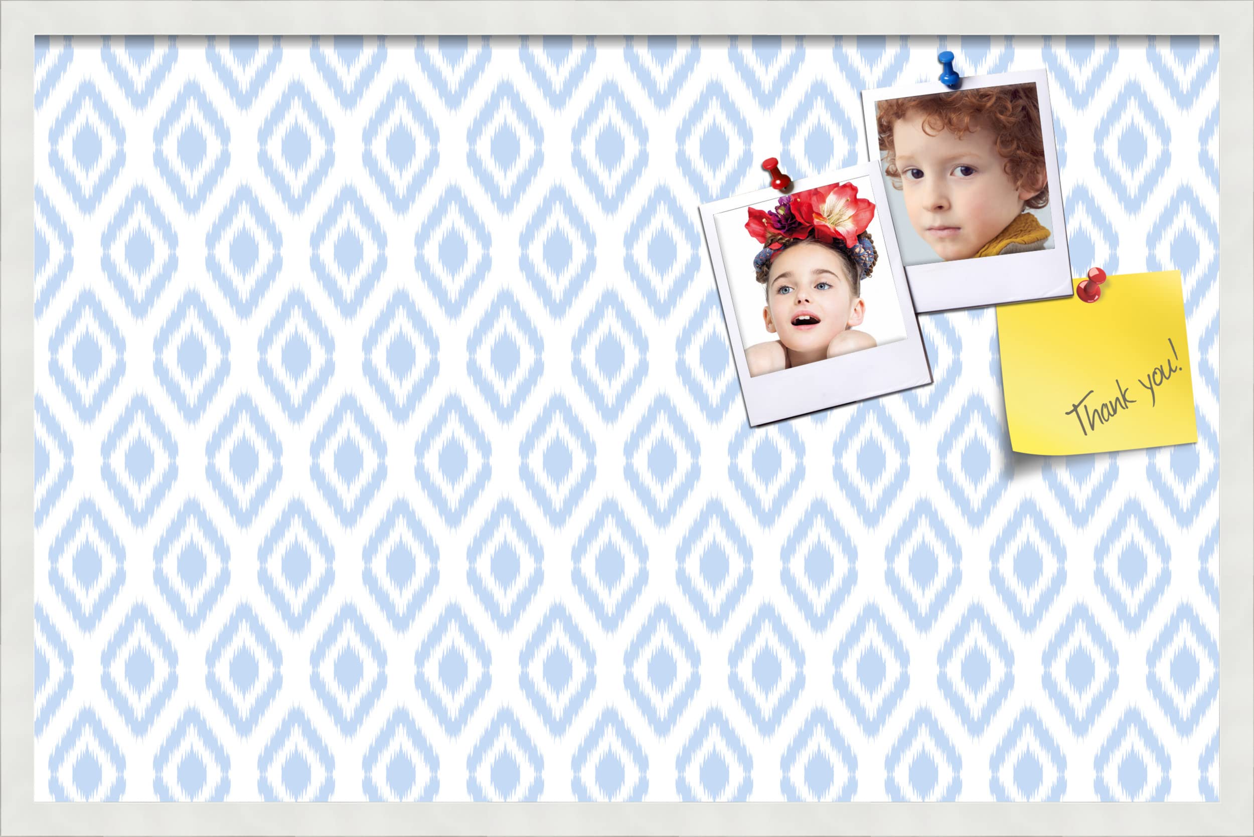 PinPix 34x22 Inch Cork Bulletin Board with Ikat Light Blue Design & Satin White Frame - Decorative Framed Pin Board for Home Office School Decor - Perfect for Notes, Photos, Reminders & Wall Organization
