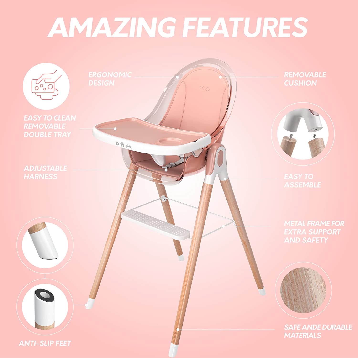 Premium Deluxe High Chair for Babies & Toddlers with Removable Cushion - Adjustable Height, Easy to Clean, Perfect for Dining, Feeding & Playtime at Home