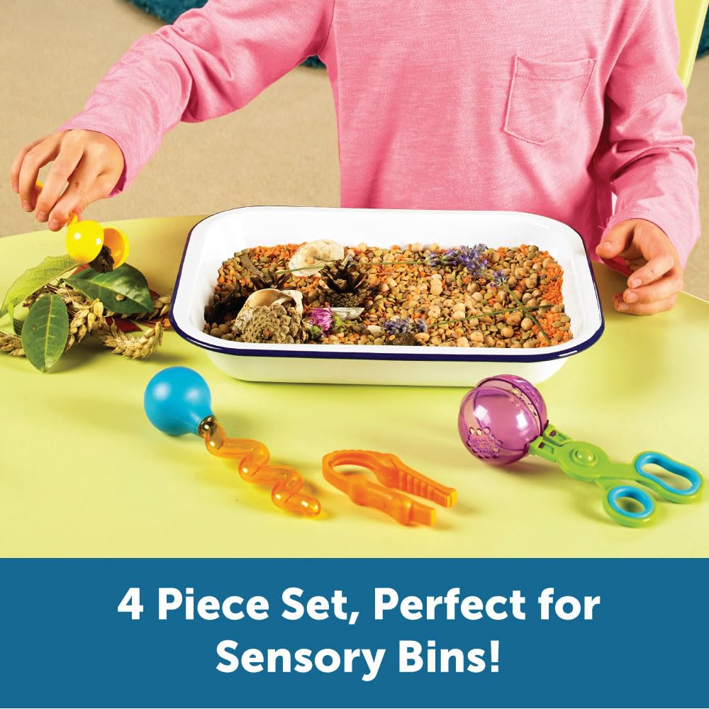 Learning Resources Helping Hands Fine Motor Tool Set - 4 Piece Toddler Tweezers & Sensory Bin Toys for Kids Ages 3+, Perfect for Preschool Learning & Occupational Therapy Activities