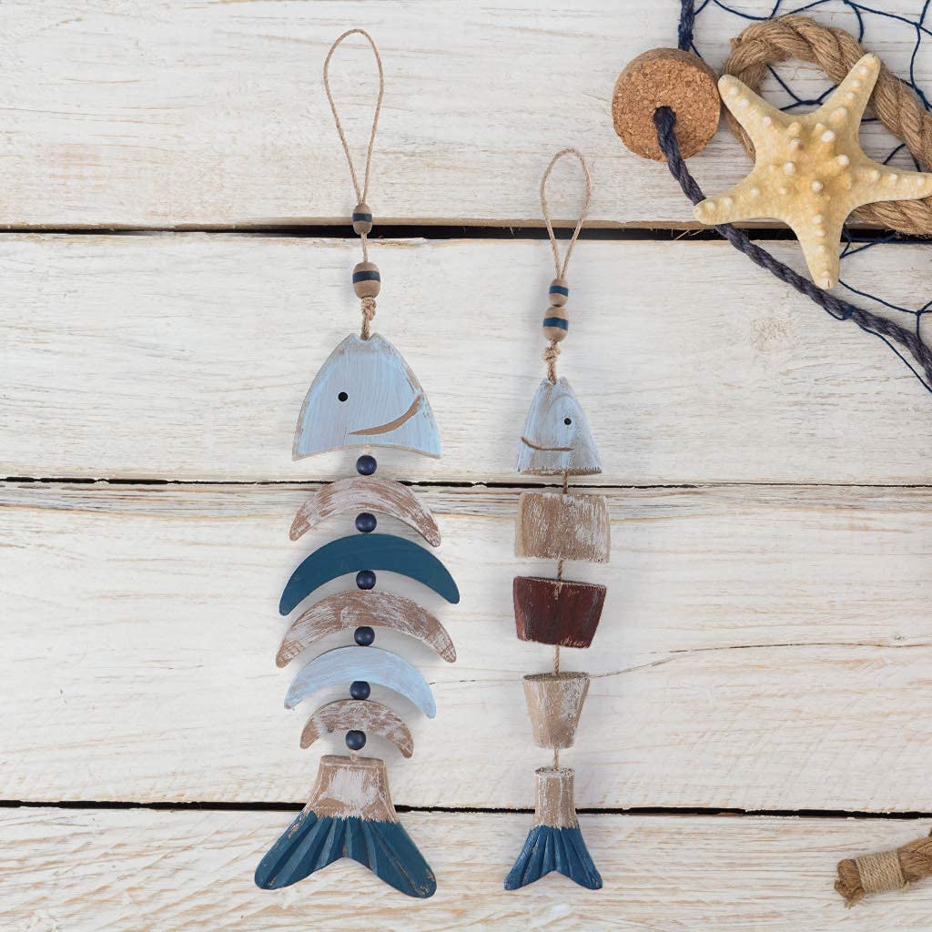 Hand Carved Wooden Fish Wall Decor - Pack of 2 Hanging Fish Chimes for Nautical, Beach & Lake House Themes | Perfect for Coastal Home Decor, Patio & Garden Accents