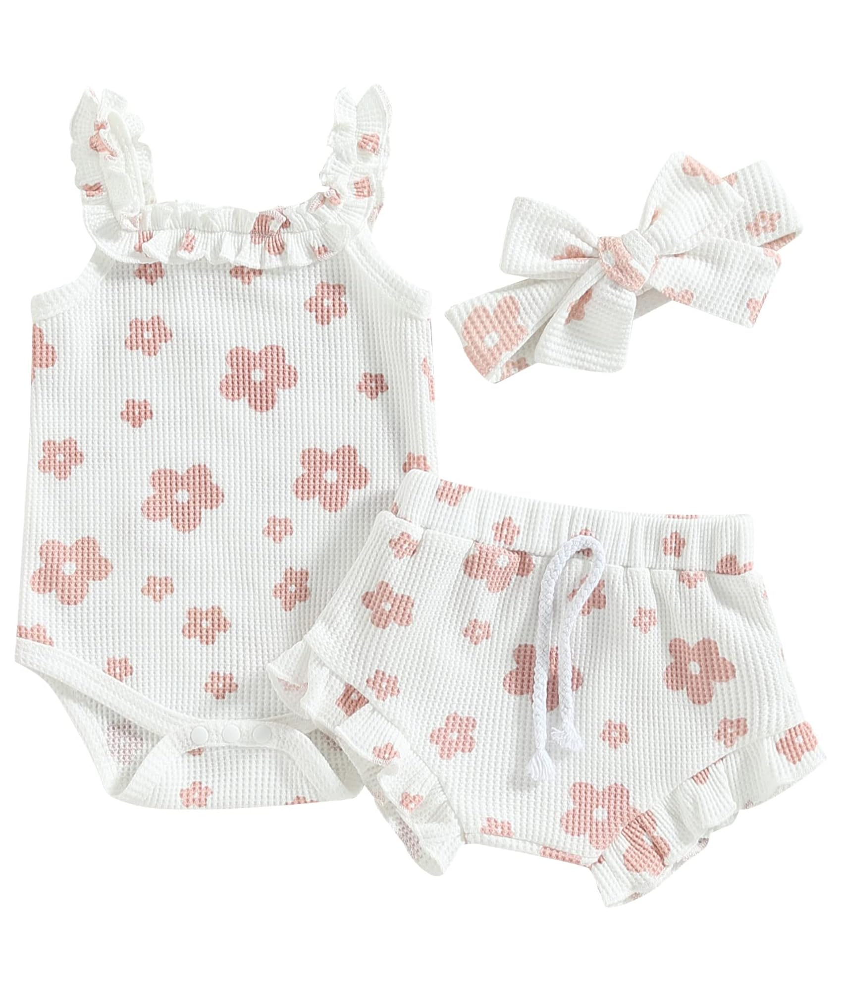 Newborn Baby Girl Summer Outfits Set - Floral Print Romper, Tops, Drawstring Shorts & Headband | Cute Infant Clothes for Photoshoots, Parties & Daily Wear