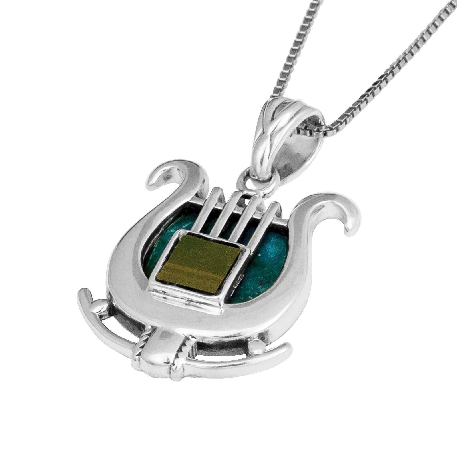 925 Sterling Silver Jerusalem Nano Bible Torah Pendant with King David's Harp & Eilat Stone Necklace - Elegant Religious Jewelry for Women, Gift for Hanukkah, Bar Mitzvah & Special Occasions