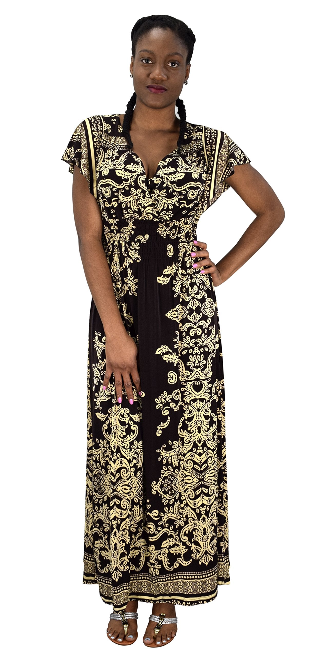 Elegant Women's Summer Maxi Dress with Surplice Bodice & Cap Sleeves - Floral Damask Print for Beach Vacations, Garden Parties & Date Nights