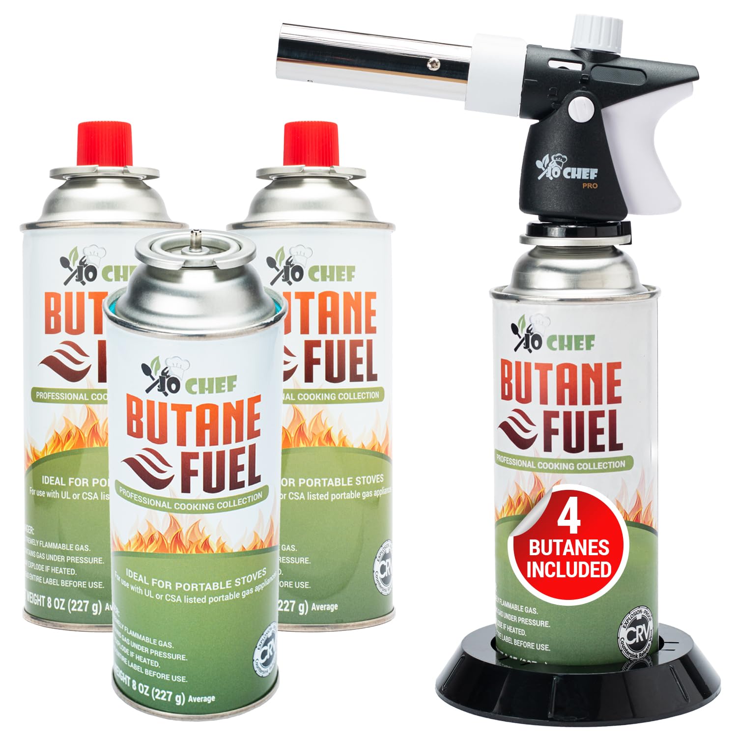 Jo Chef Pro Butane Torch Lighter - Refillable Adjustable Flame Culinary Torch with Safety Lock for BBQ, Baking, Creme Brulee, Soldering & Crafts (Includes 4 Butane Canisters) | Perfect for Kitchen, DIY Projects & Outdoor Cooking