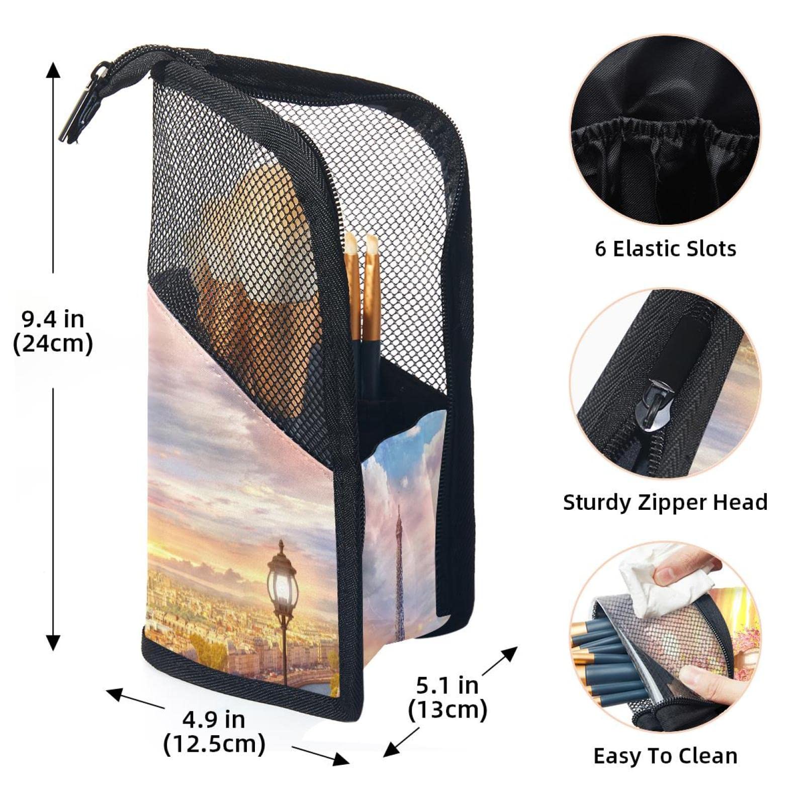 12-Piece Makeup Brush Organizer Bag with Eiffel Tower Sunset Paris Design - Portable Travel Cosmetic Brush Holder Case for Professional & Home Use