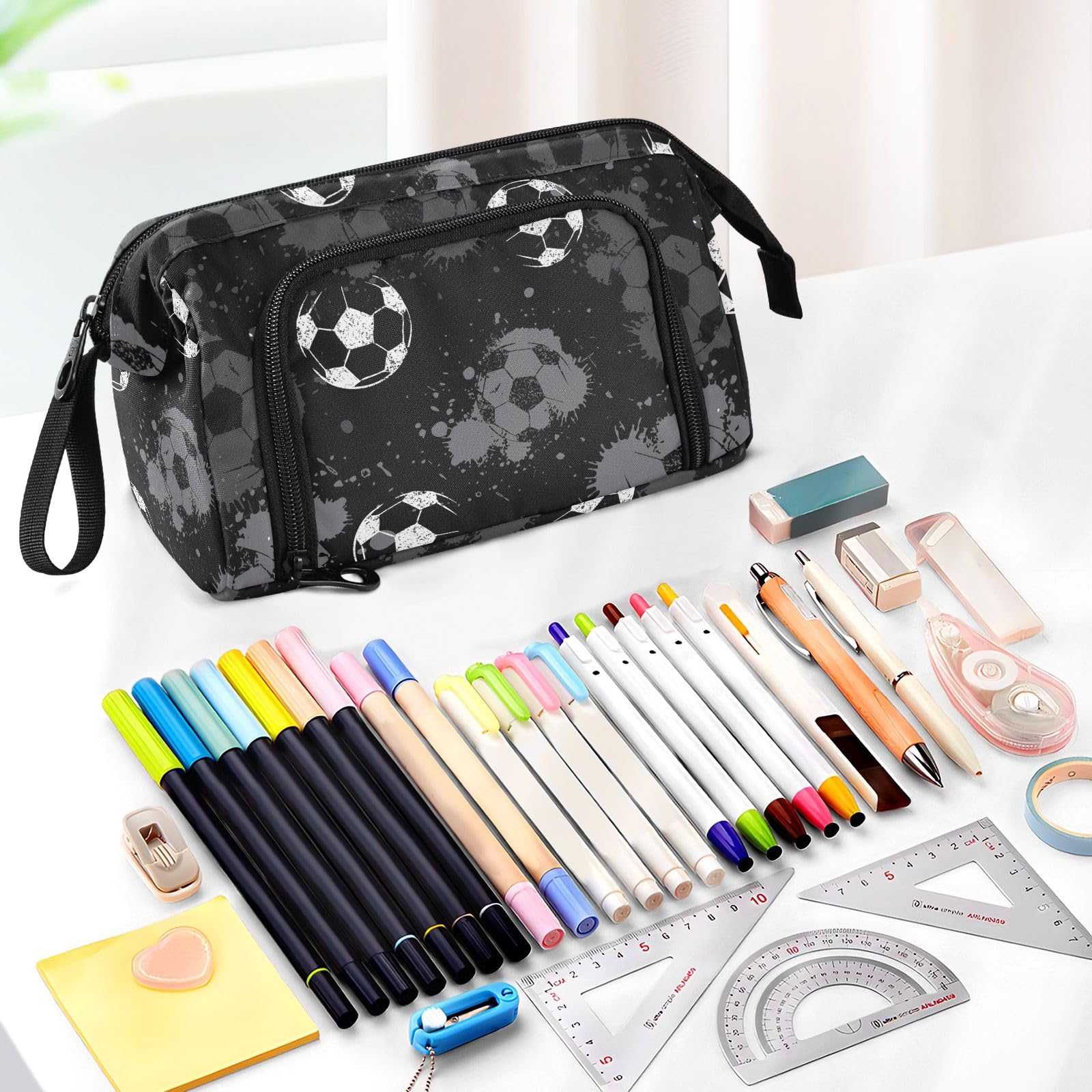 Joisal Abstract Football Black Watercolor Pencil Case with Multiple Compartments - Small Makeup Bag, Pen Organizer Pouch for School, Office & Travel Accessories Storage