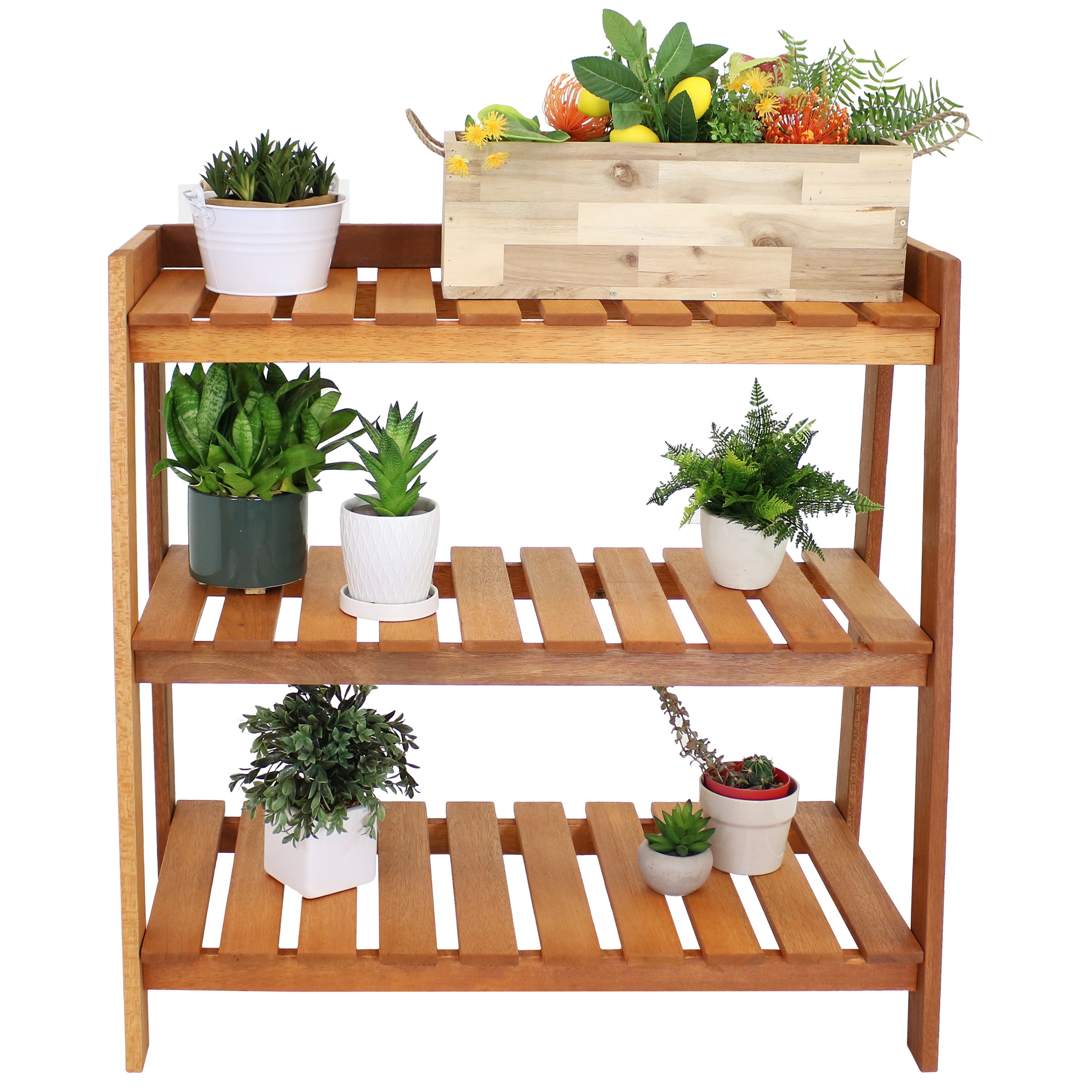 Premium Meranti Wood Garden Shelf with Teak Oil Finish - Outdoor Patio, Balcony & Deck Storage Organizer for Plants, Books & Decor