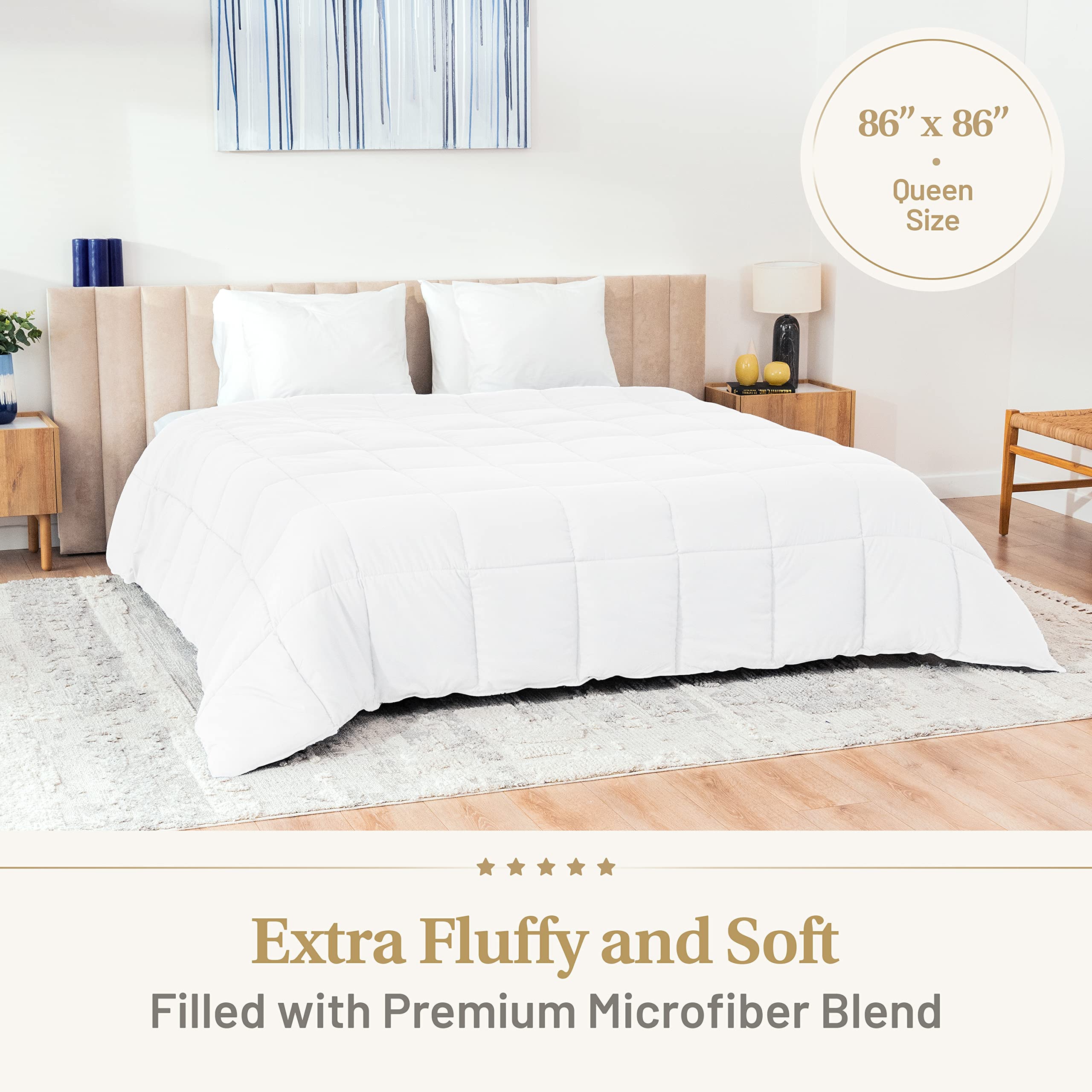 Premium Down Alternative Comforter Queen Size - Ultra Soft Fluffy Duvet Insert for All Seasons | Hypoallergenic Luxury Hotel Plush Comforter - 86x86 Inches White | Perfect for Bedroom, Guest Room & Airbnb | Eco-Friendly Compressed Packaging
