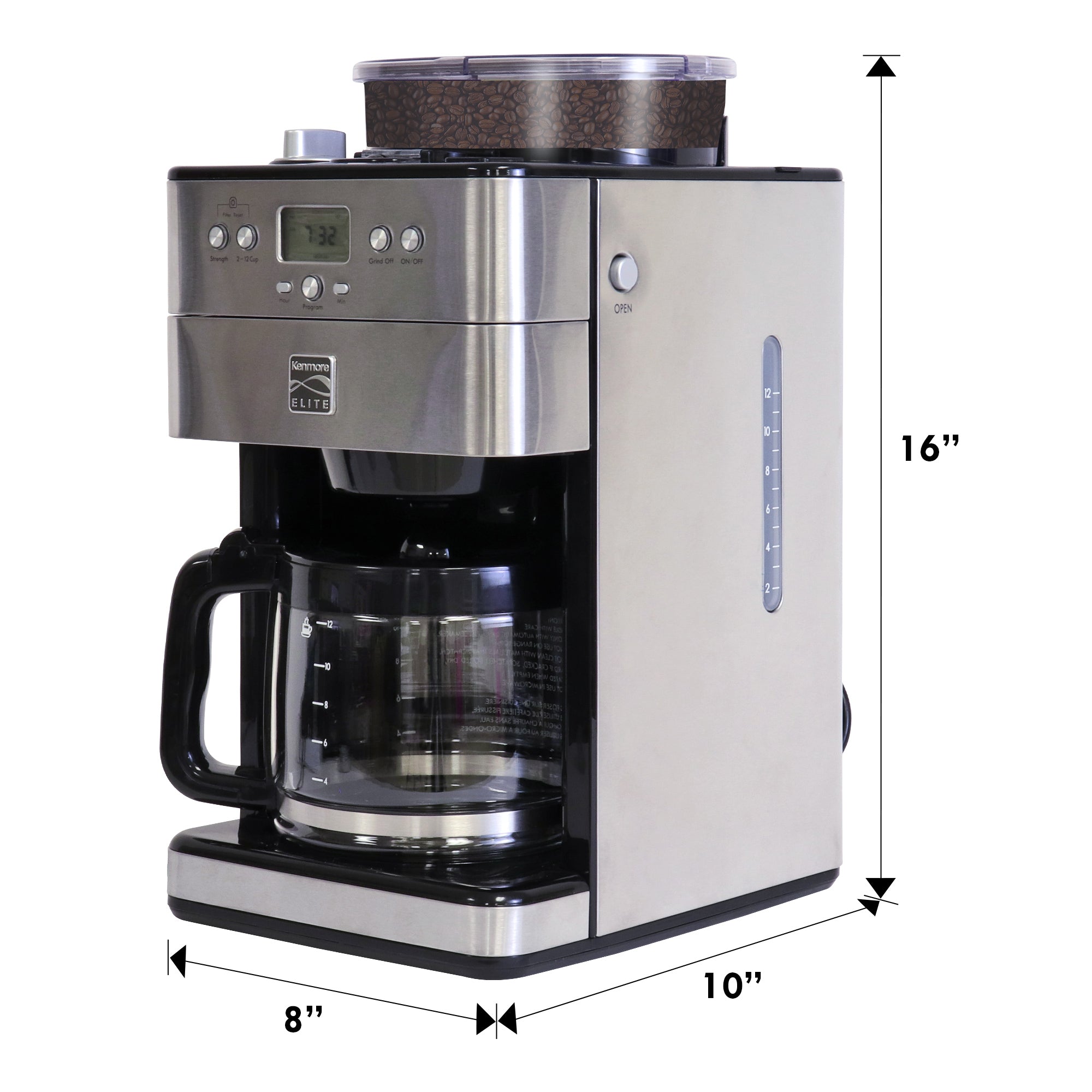 Kenmore Elite 12-Cup Grind and Brew Coffee Maker with Burr Grinder - Programmable Automatic Timer, Air Tight Bean Hopper, Adjustable Grind Size & Brew Strength - Stainless Steel Coffee Machine for Home & Office Use