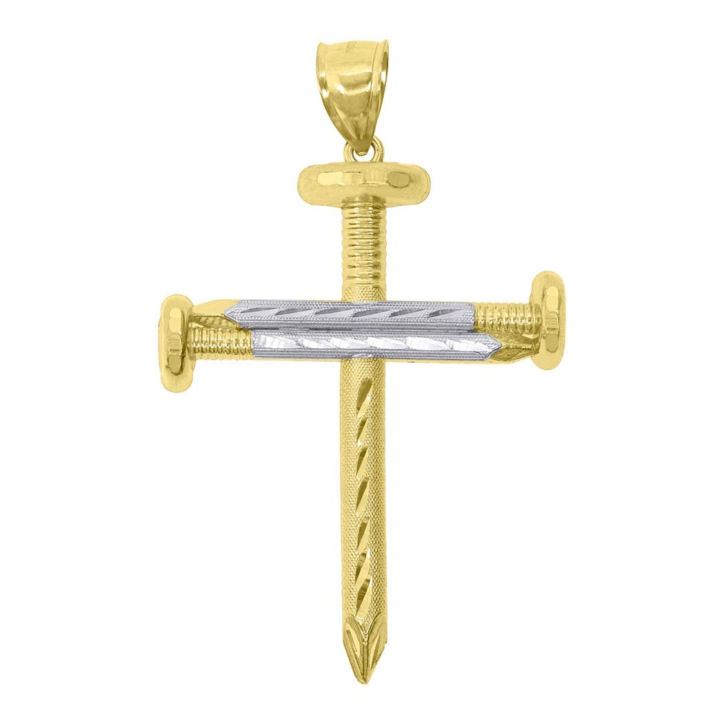 10K Two-Tone Gold Religious Cross Pendant Necklace for Men & Women - Textured Nail Design - 60.4x37.90mm - Perfect Jewelry Gift for Baptism, Confirmation & Spiritual Occasions