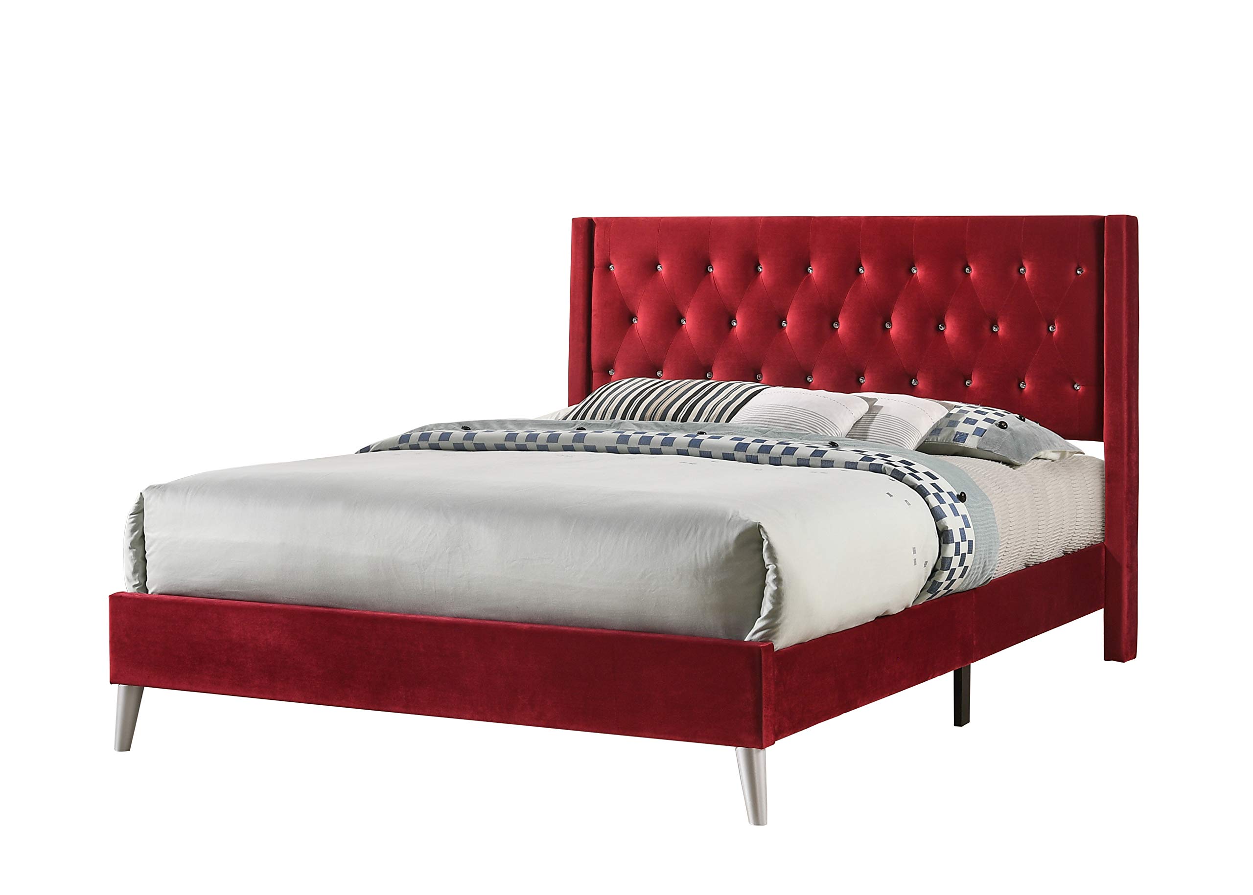 Carell Furniture Modern Velvet Upholstered Full Bed in Cherry - Luxurious Bedroom Furniture for Master Bedroom & Guest Room