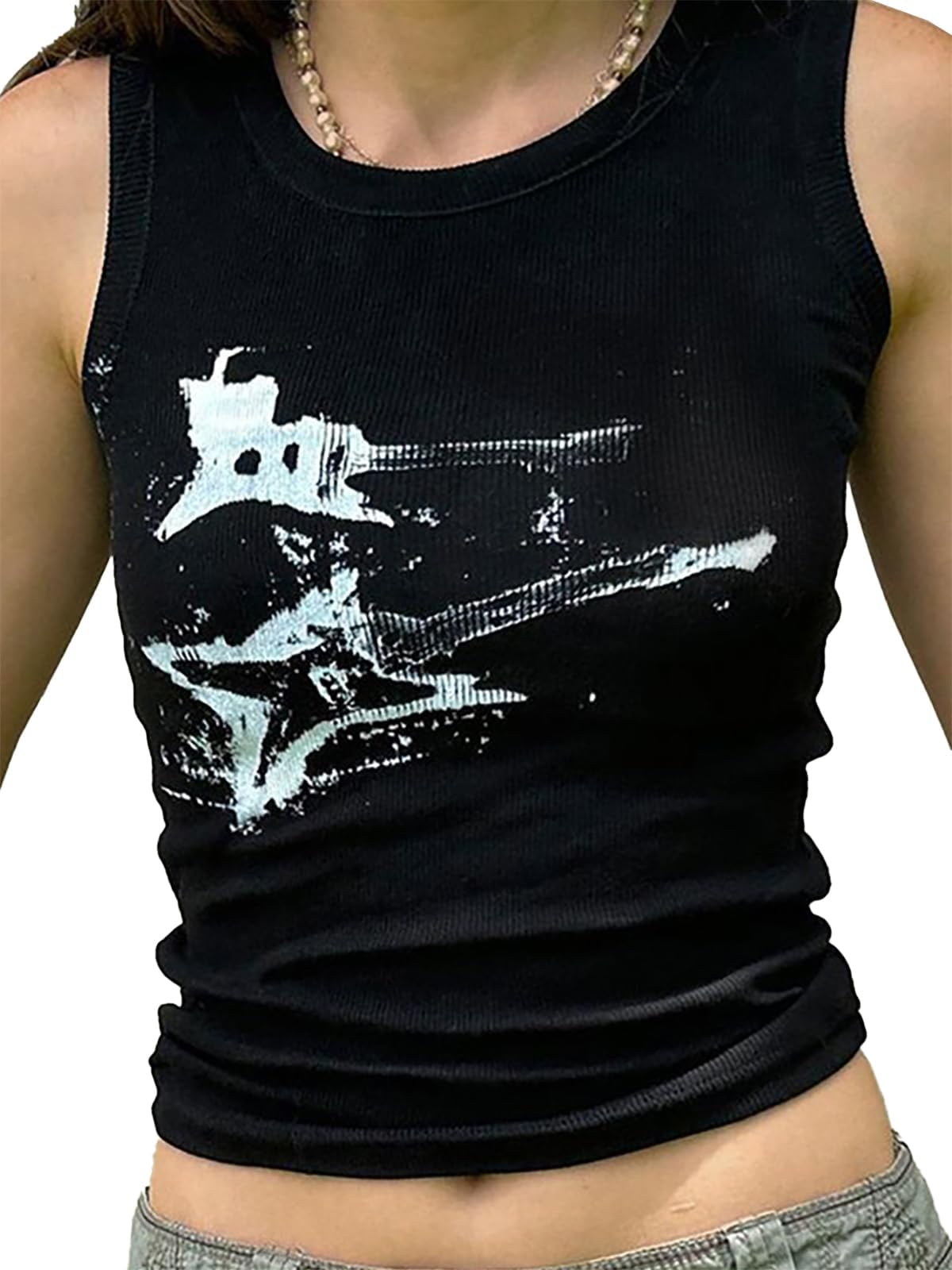 LQI Women's Guitar Print Ribbed Tank Top - Sleeveless Y2K Crop Top for Summer | Casual Wear, Music Festivals, Beach Outfits & Street Style