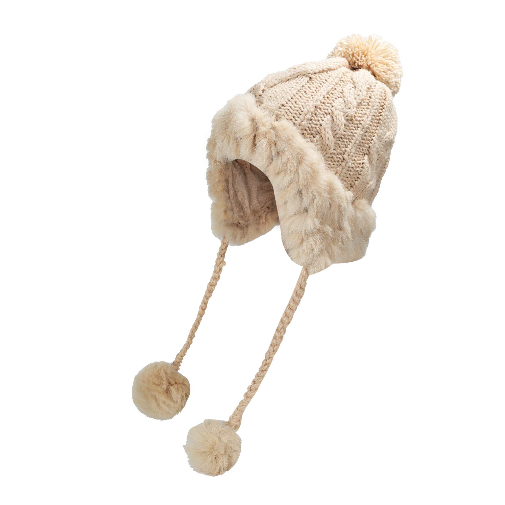 ZLYC Women's Winter Warm Rabbit Fur Knit Bobble Beanie Hat with Earflaps - Cozy Cold Weather Accessory for Outdoor Activities & Fashion Style