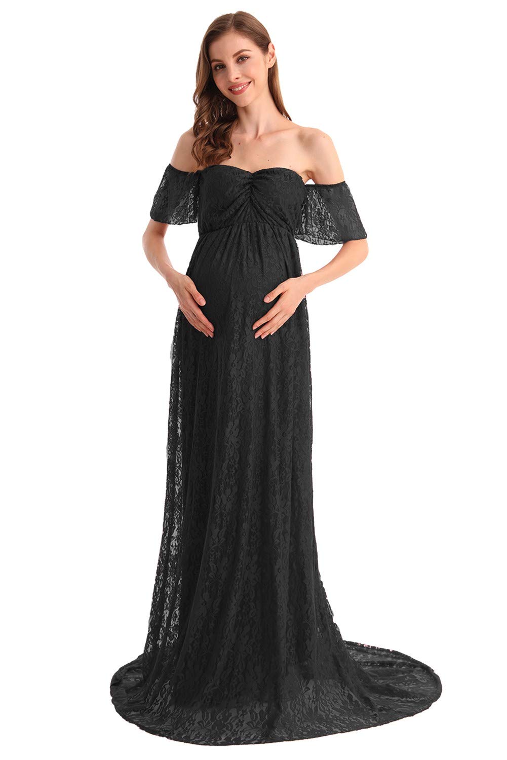 HIHCBF Women's Bohemian Lace Maternity Wedding Dress - Off-Shoulder Ruffle Sleeves Pregnancy Gown for Baby Shower, Photo Shoot & Special Occasions