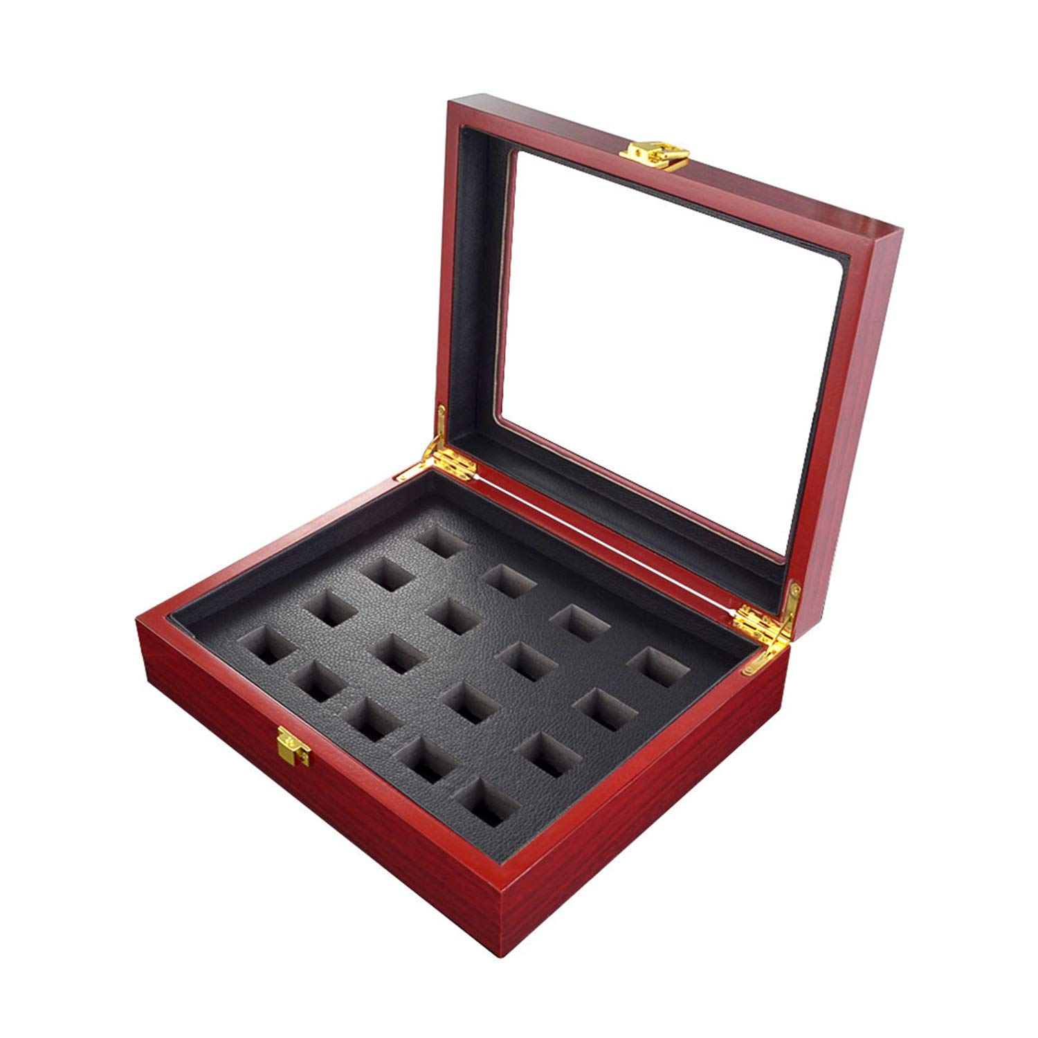 Championship Ring Display Box with Clear Glass Window - 17 Hole Wooden Ring Box for Sports Awards & Memorabilia - Perfect for Trophy Cases, Collectors & Championship Celebrations