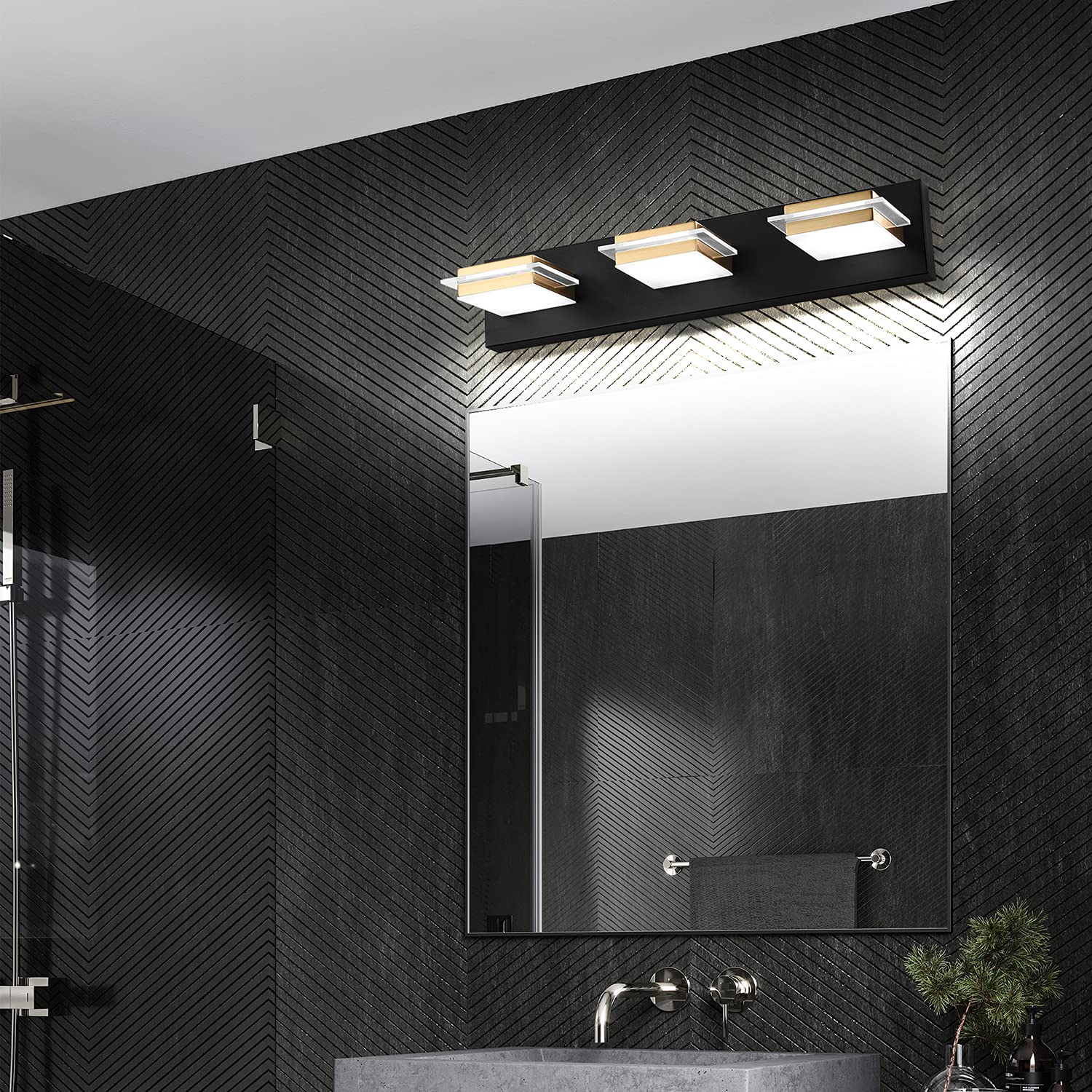 Dimmable LED Bathroom Vanity Light Fixtures - 3 Lights Wall Sconce with Matte Black Finish & Gold Metal Lampshade, Adjustable White Light 3000K-6000K (3 Color Temperatures) - Perfect for Bathroom, Bedroom, and Hallway Lighting