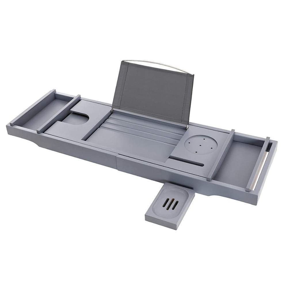 Adjustable Bamboo Bathtub Tray with Detachable Storage Trays & Soap Holder | Bath Caddy Organizer for Relaxing Spa Experience | Perfect Bath Accessories for Wine, Books & Candles (Gray)