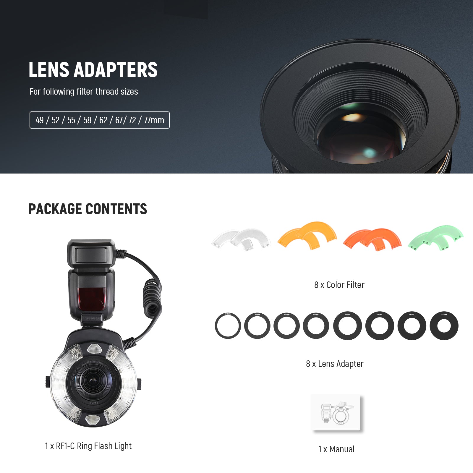 NEEWER RF1 76Ws 5600K GN15 TTL Macro Ring Flash for Canon Nikon Sony DSLR Cameras - Perfect for Close-Up Photography, Jewelry, and Product Shots