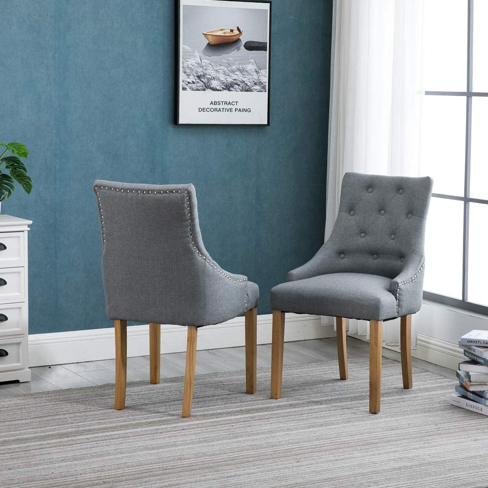 4 Piece Gray Fabric Upholstered Dining Armchairs - High Back Button Tufted Padded Side Chairs with Solid Oak Wood Legs for Kitchen, Dining Room & Living Room - Comfortable Seating for Family Gatherings & Entertaining Guests