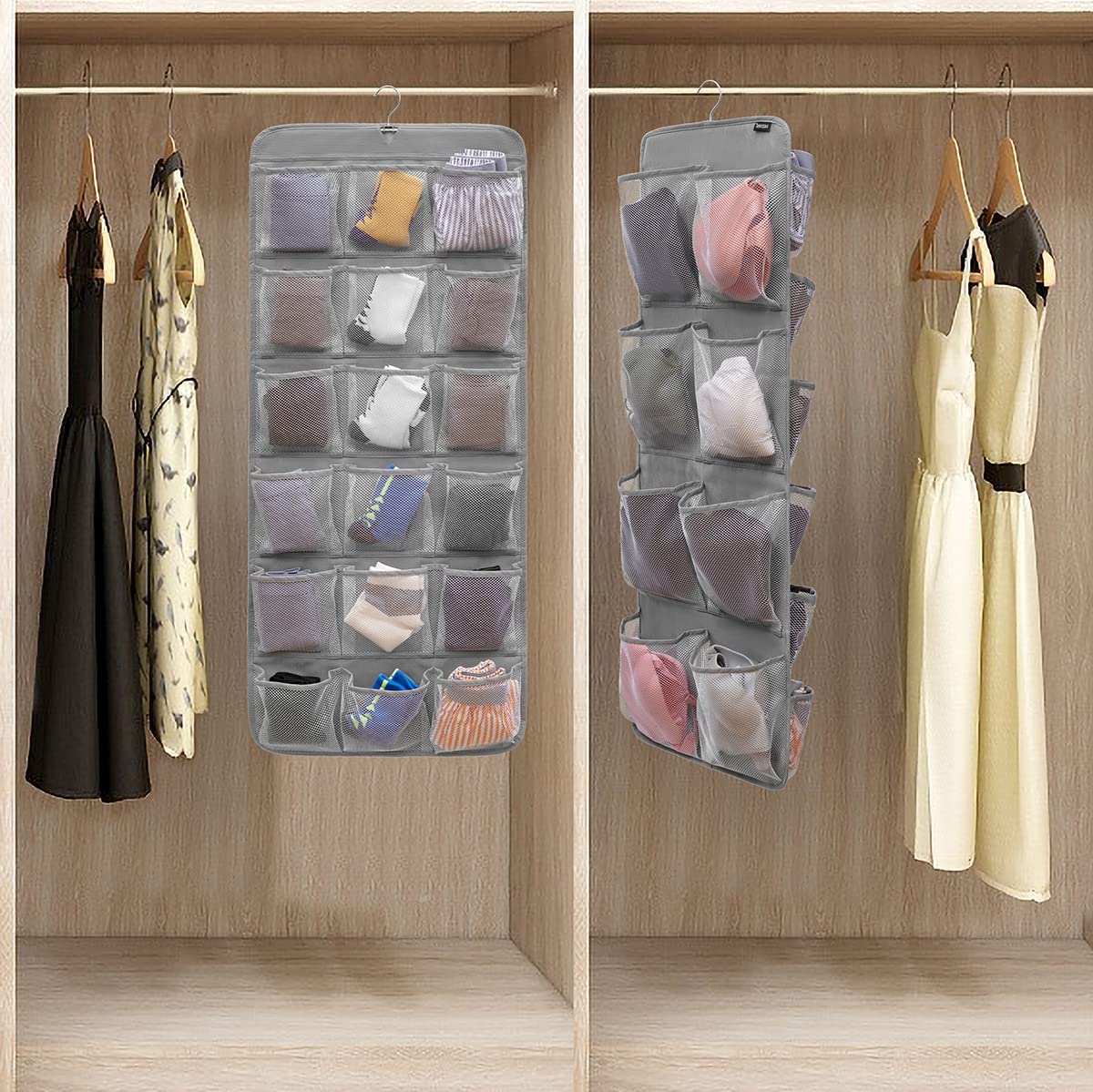 Dual-Sided Hanging Closet Organizer - 26 Pockets for Socks, Underwear, Bras & Baby Clothes | Space-Saving Storage for Kids & Toddler Shoes (Grey-Mesh Pockets) | Perfect for Nursery, Bedroom & Small Closet Organization