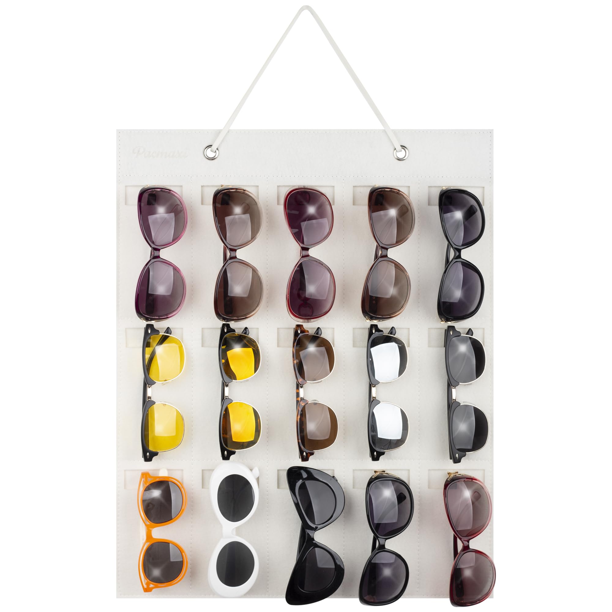 PACMAXI 15-Slot Sunglasses Organizer Wall Mount - Eyeglasses Storage Holder & Display for Sunglasses, Glasses, and Eyewear (Ivory White) - Perfect for Bedroom, Bathroom, Office, or Retail Store Organization