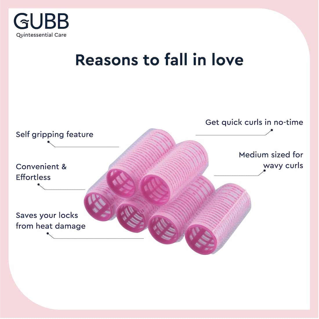 GUBB Self Grip Hair Rollers for Curling - 12 Large Pink Hair Curlers for Medium Length Hair | Heatless Curling Tools for Salon Quality Waves at Home | Perfect for Parties, Weddings & Everyday Styling