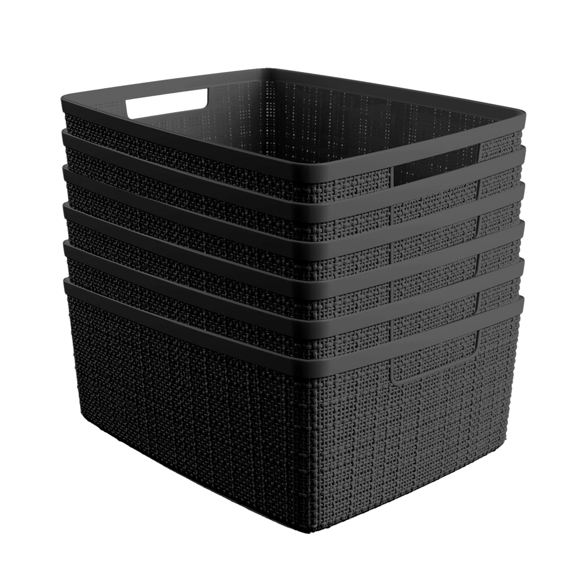 Curver 6-Pack Medium Jute Storage Baskets - Decorative Plastic Organizer Bins for Home Office, Closet Shelves, Kitchen Pantry & Bedroom Organization (Black) | Perfect for Storing Towels, Toys, and Household Essentials