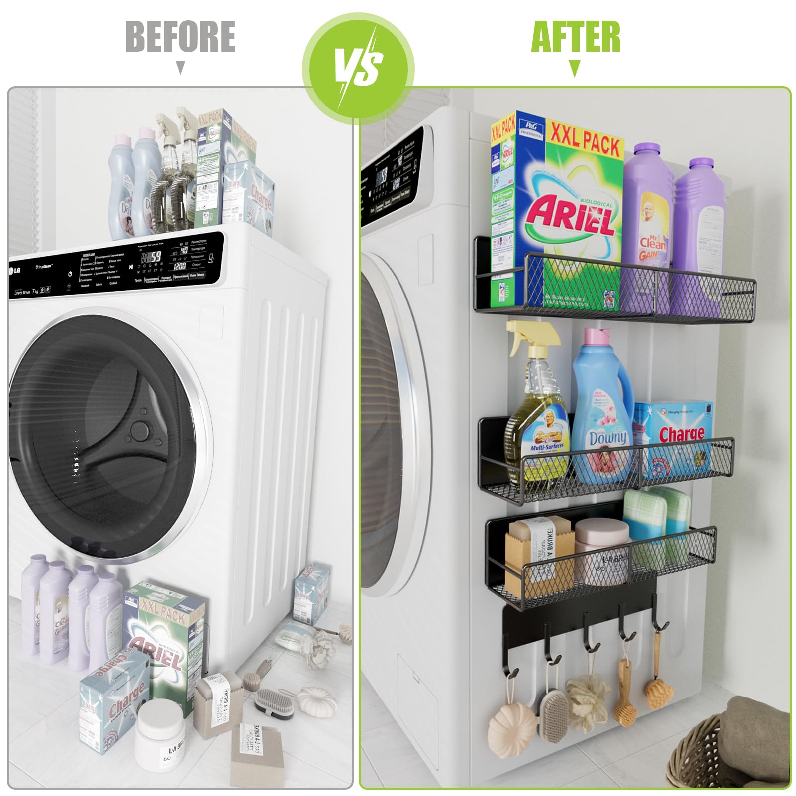 4 Pack Heavy-Duty Magnetic Shelves for Washing Machine & Refrigerator - Laundry Organizer with Hooks, Metal Storage Baskets for Closet & Laundry Room Organization (Black) - Perfect for Small Space Storage, Bathroom & Kitchen Organization