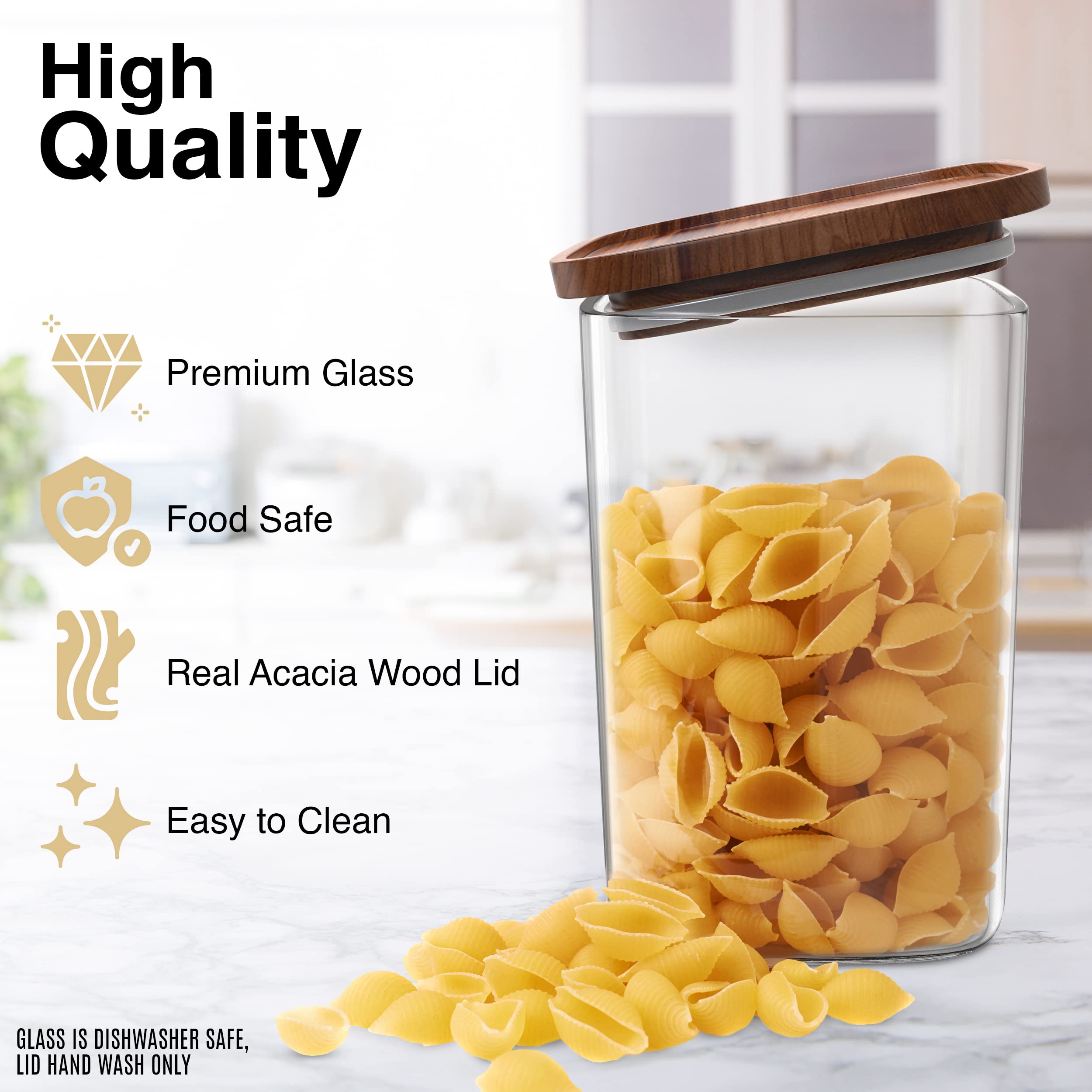Square Glass Jars with Wood Lids - Set of 4 (24oz) Airtight & Stackable Food Storage Containers | BPA-Free, Recyclable Canisters for Coffee, Cookies, Pasta, Sugar | Perfect for Kitchen Pantry Organization & Home Decor