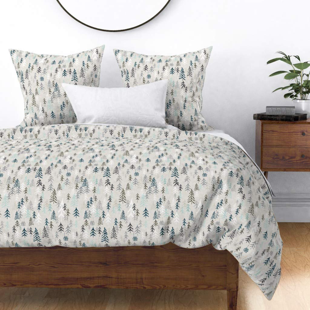 Custom Earth Alpine Outdoors Pine Forest Snow Winter Print Cotton Sateen Duvet Cover for King/California King Bed | Soft & Durable Bedding for Cozy Winter Nights & Cabin Decor