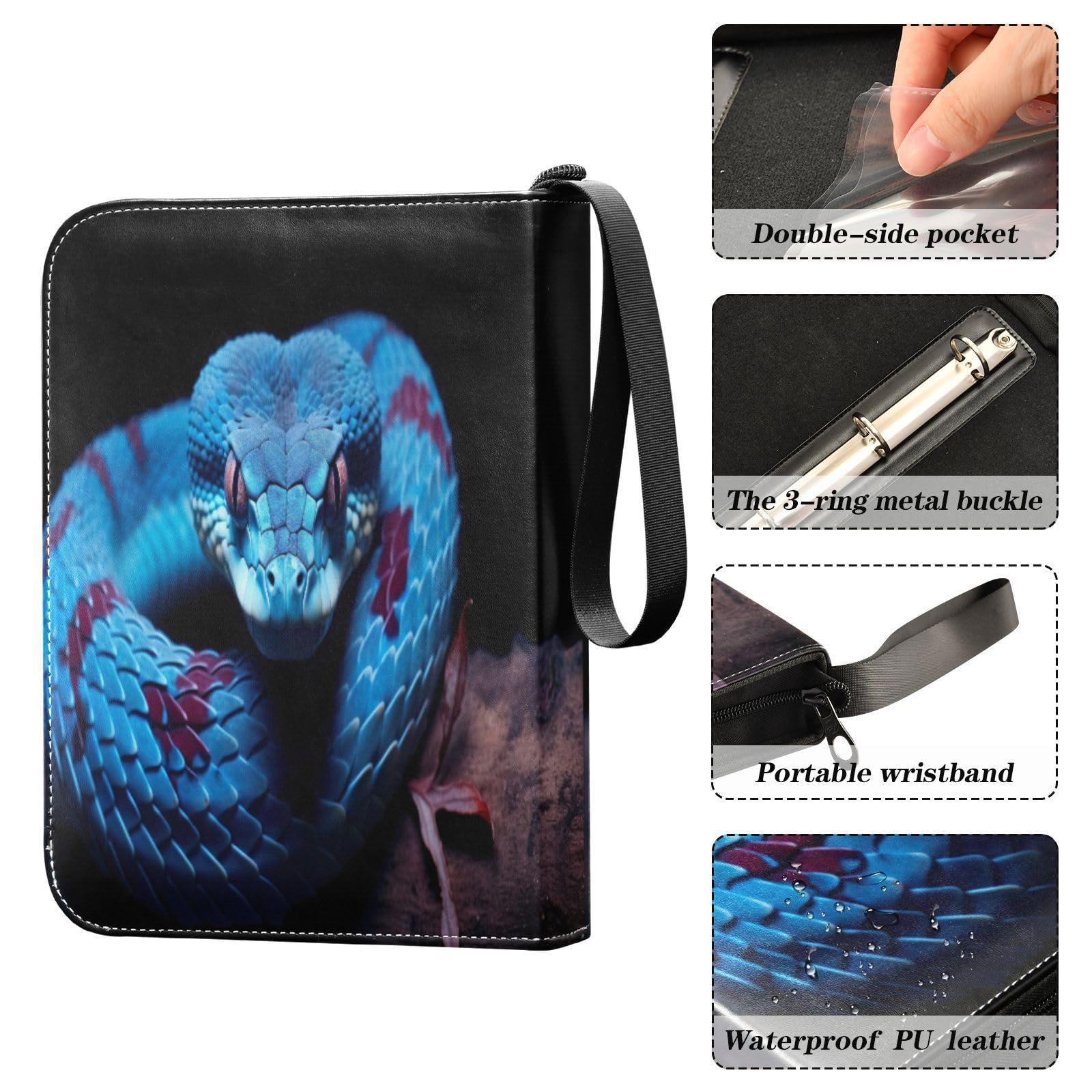 Qilmy Blue Snake Trading Card Binder - 400 Pocket PU Leather Collector Album for Sports & Game Cards | Premium Card Storage Solution for MTG, Pokémon & Baseball Card Collections