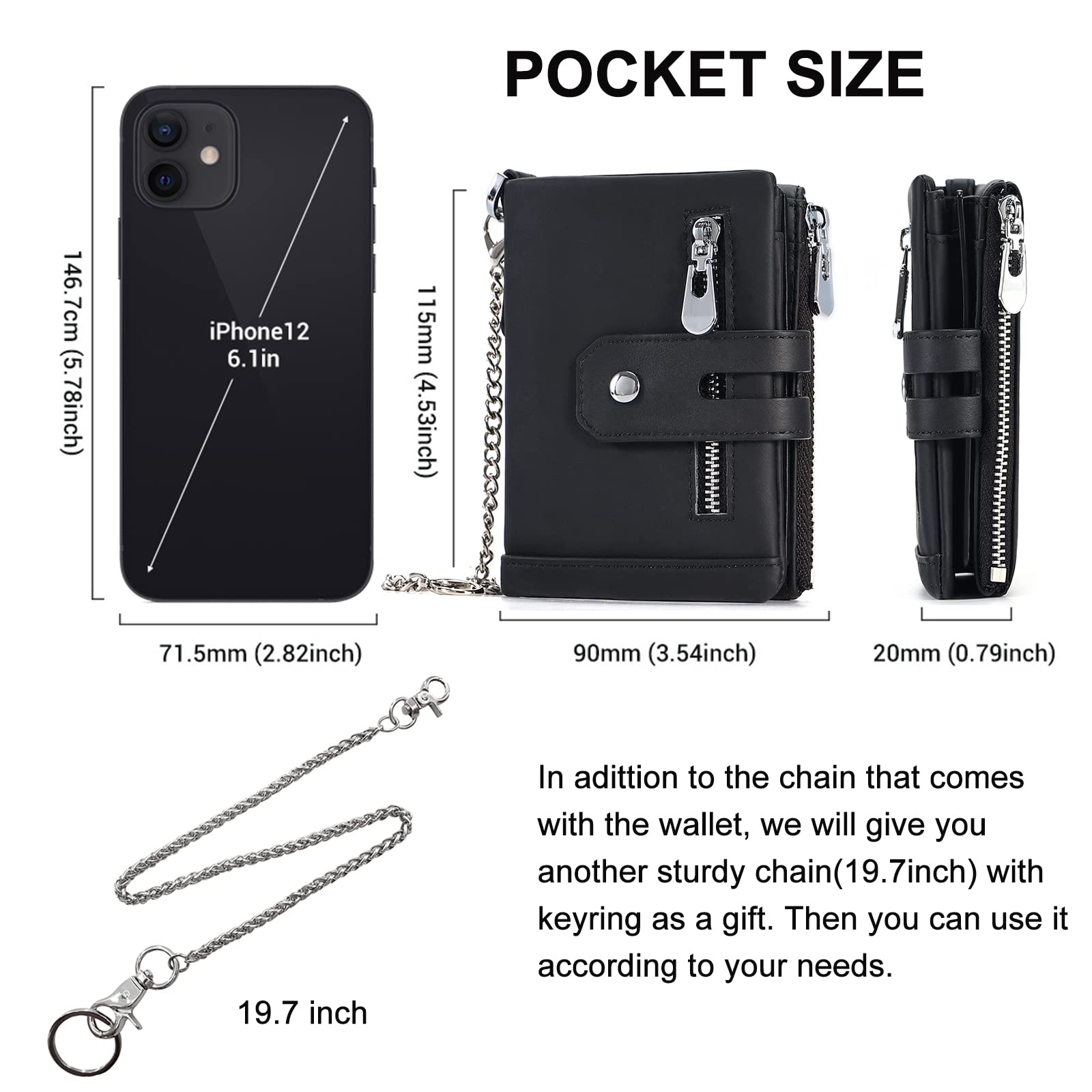 Boshiho Men's RFID Blocking Leather Wallet with Chain - Genuine Leather Bifold Wallet with Double Zipper, Coin Pocket & Anti-Theft Chains | Perfect for Travel, Daily Use & Gift Giving
