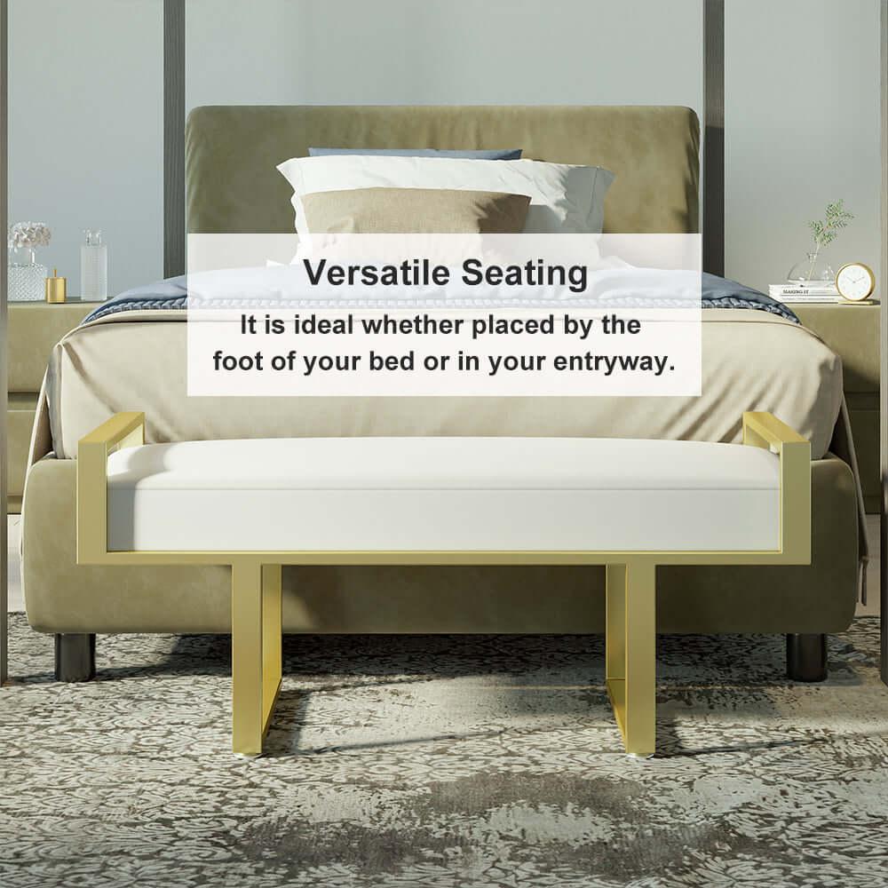 Modern Gray Linen Upholstered Ottoman Bench with Gold Legs - Bedroom, Entryway & Living Room Seating Furniture for Home Decor
