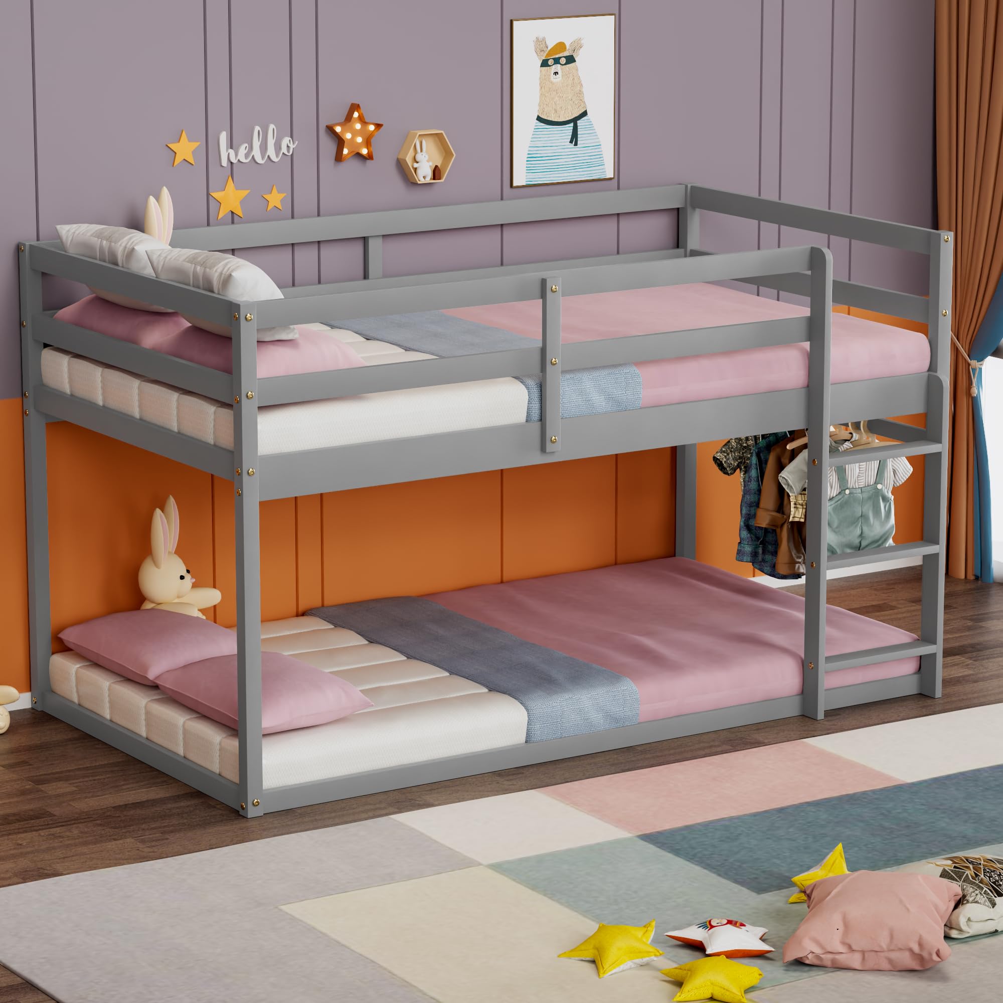 Low Bunk Bed Twin Over Twin with Ladder & Full Guardrails - Sturdy Wooden Junior Bunk Bed for Boys, Girls & Kids - Space-Saving Bedroom Furniture (Grey) - Perfect for Small Rooms, Shared Kids' Bedrooms & Sleepovers
