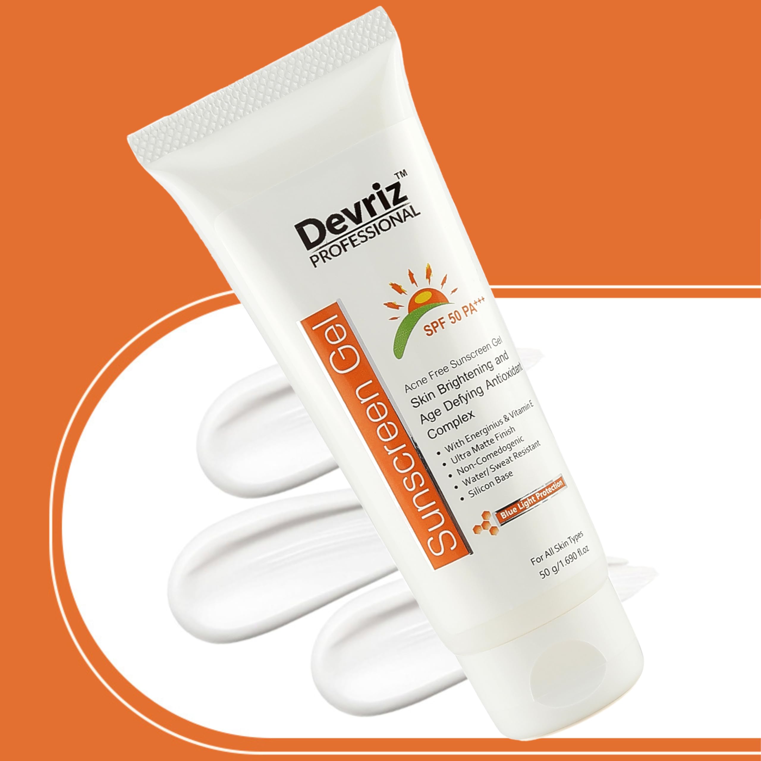 Devriz SPF 50 Sunscreen Gel with Vitamin E - Brightens Skin, Prevents Acne & Provides UVA/UVB Protection for Men & Women | Daily Face & Body Sun Protection for Beach, Outdoor & Sports Activities